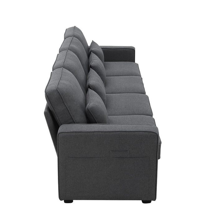 Divano imbottito 104 con tasche sui braccioli e 4 cuscini, divano moderno in tessuto di lino a 4 posti, divani in stile minimalista