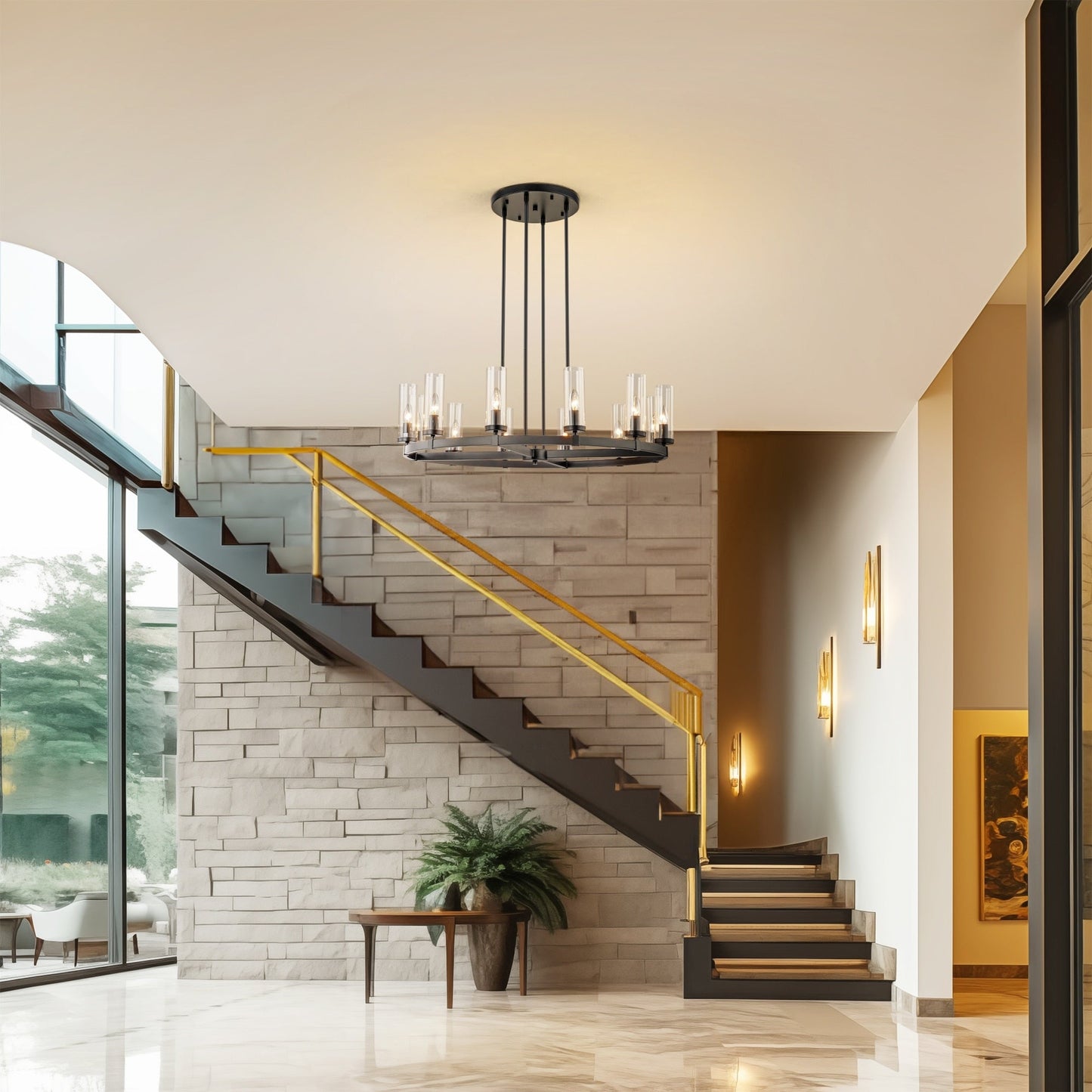 Lampadario a ruota di carro in vetro trasparente con cilindro in stile Mid-Century Modern, 12 luci, grande lampadario in oro/nero