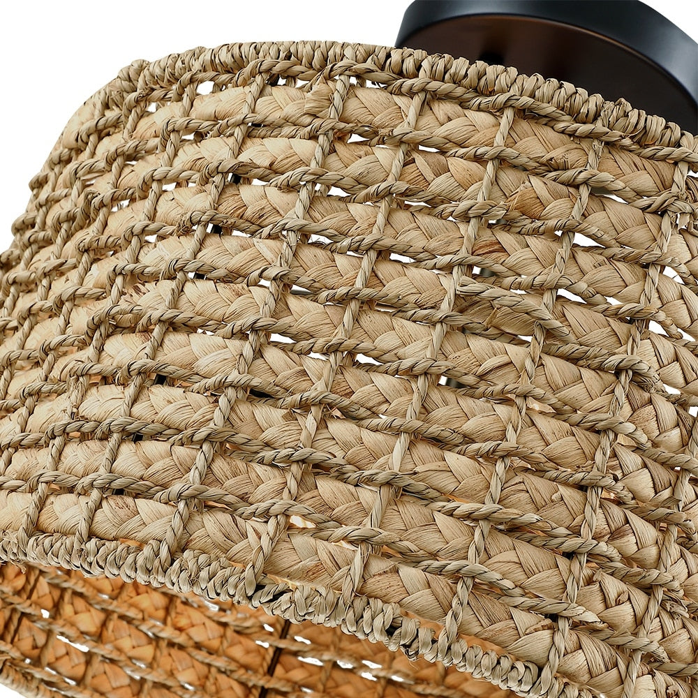 Lampada da soffitto semi-incassata a 2 luci in rattan naturale con rosone nero - Nero/terroso - Nero/Paglia - 13,6 pollici di larghezza