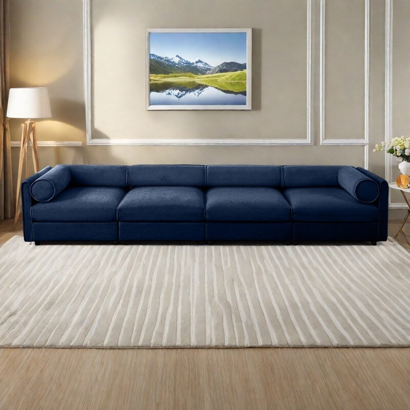 Divano componibile modulare in ciniglia a 4 posti con contenitore e schienale cilindrico da 142,5