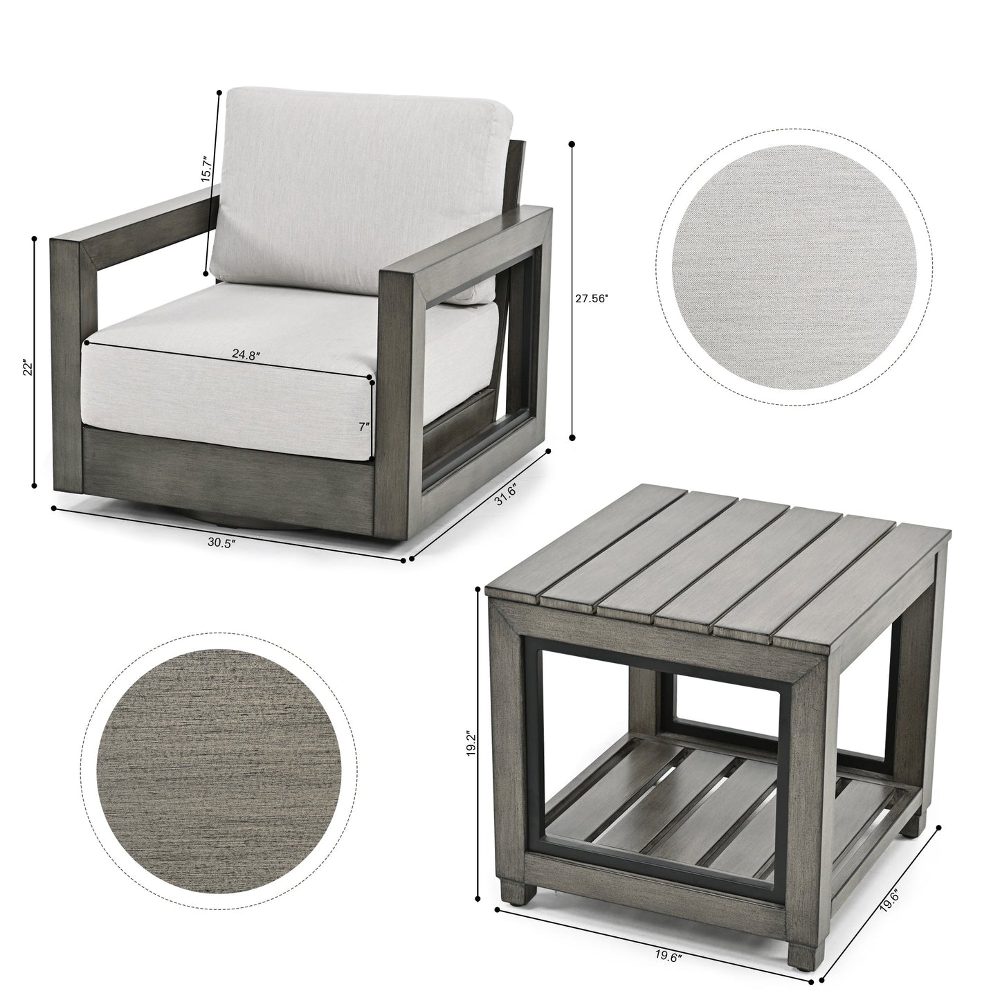 Set da conversazione per patio in alluminio da 3 pezzi con sedie girevoli, struttura dipinta a mano e cuscini