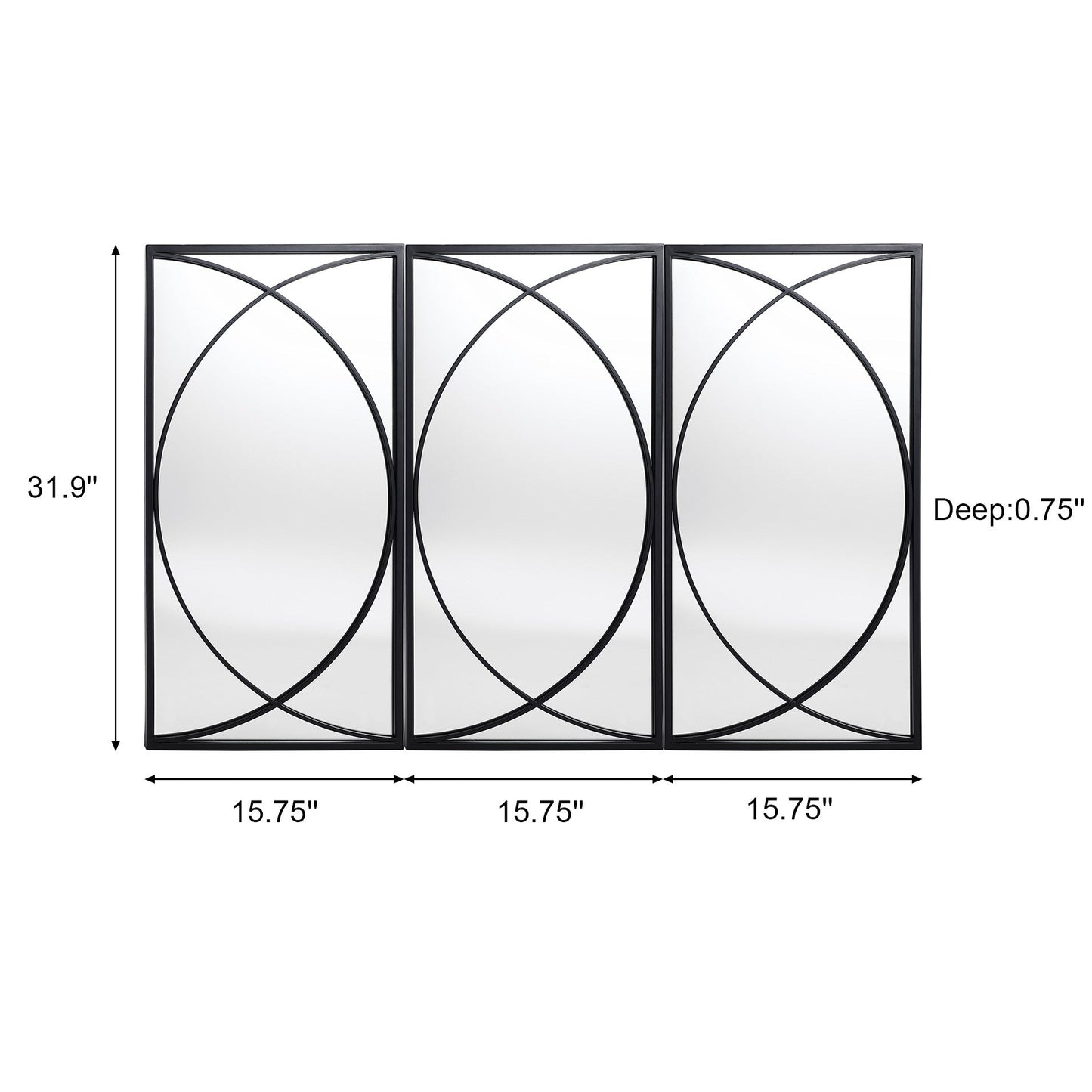 Set di 3 specchi da parete rettangolari in metallo nero - 31,9 A x 15,75 L x 0,75 P