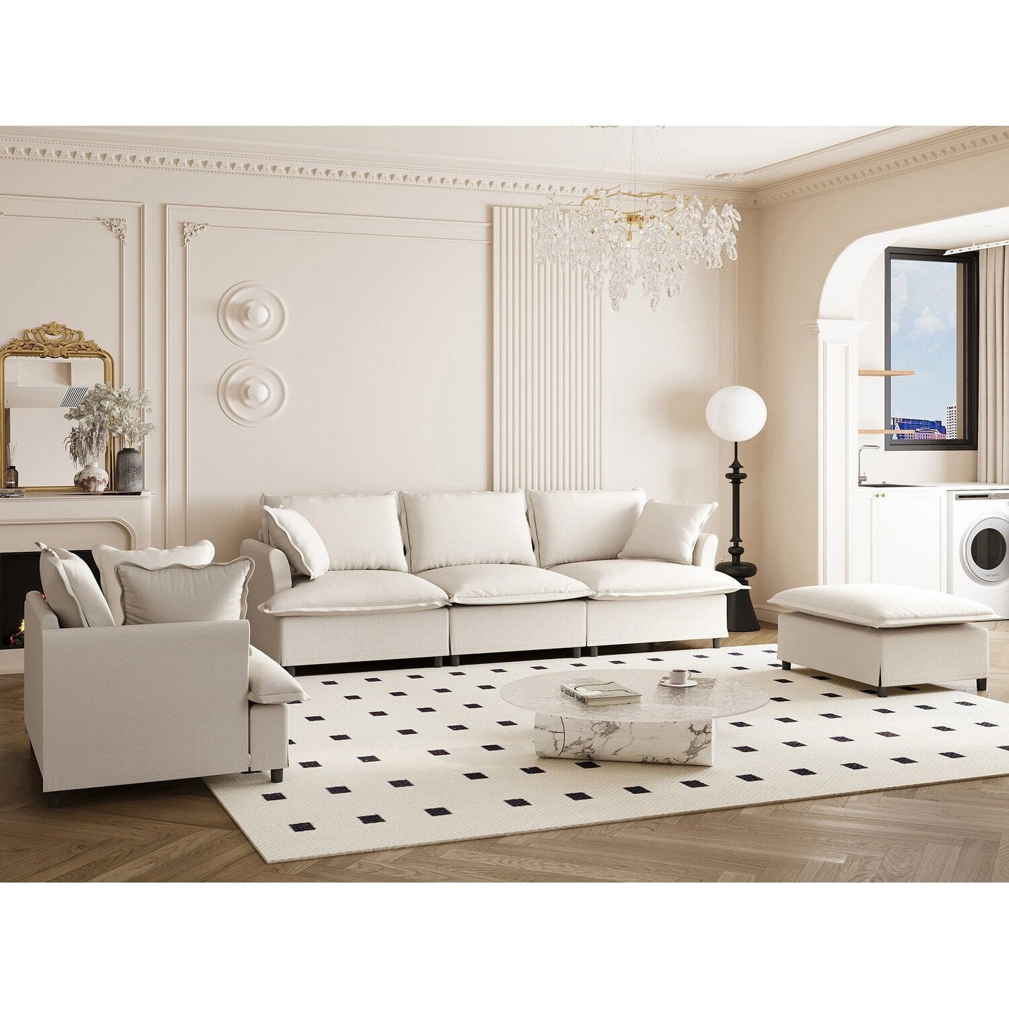 Set di divani da soggiorno da 3 pezzi, divano componibile modulare a L in ciniglia, divano e poltrona imbottiti a 3 posti e pouf mobile