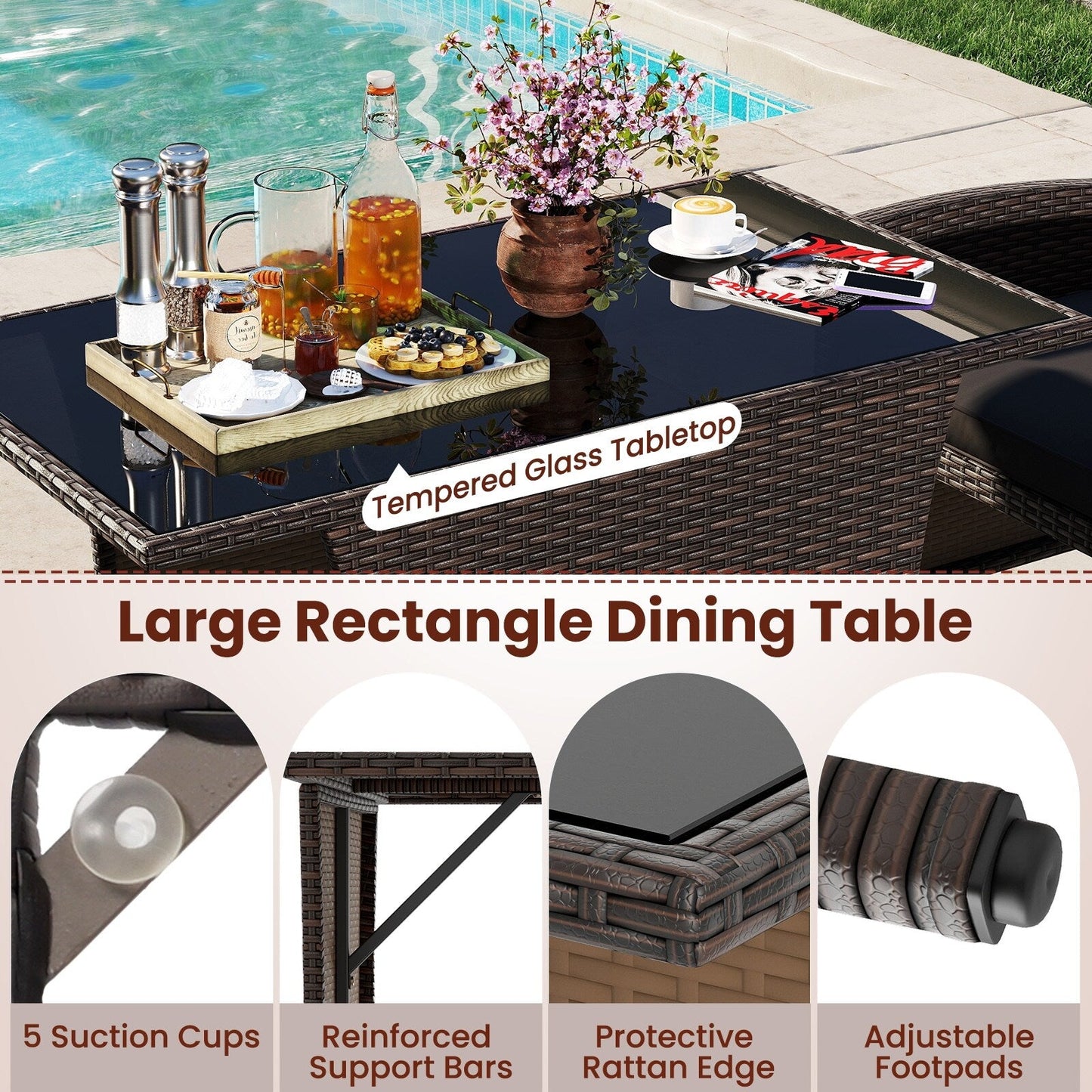 Set da pranzo in vimini da giardino, 3 pezzi, con tavolo in vetro e sedie imbottite - 25 x 23,5 x 31