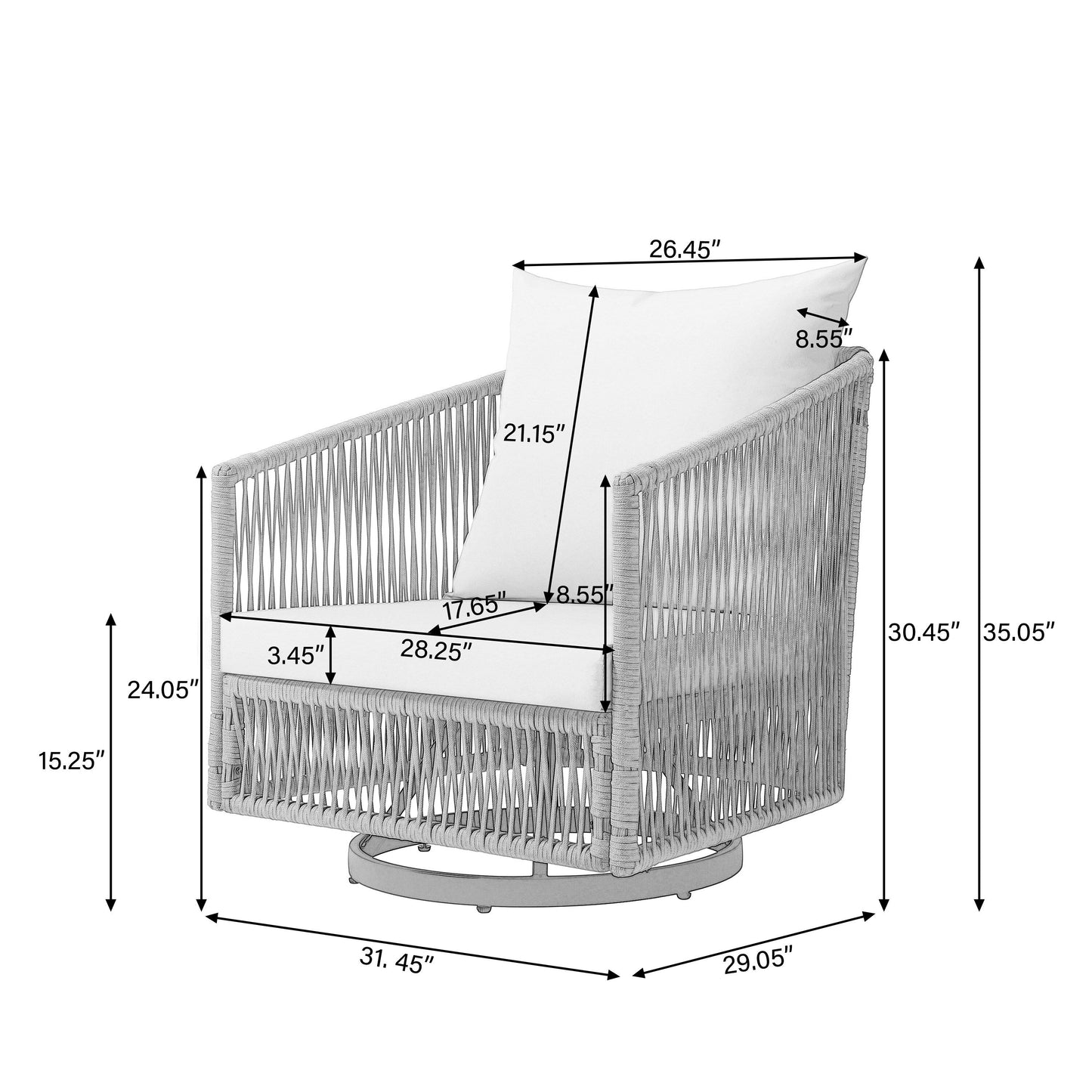 Gruppo di sedute girevoli in corda intrecciata per patio, 3 pezzi, con cuscini