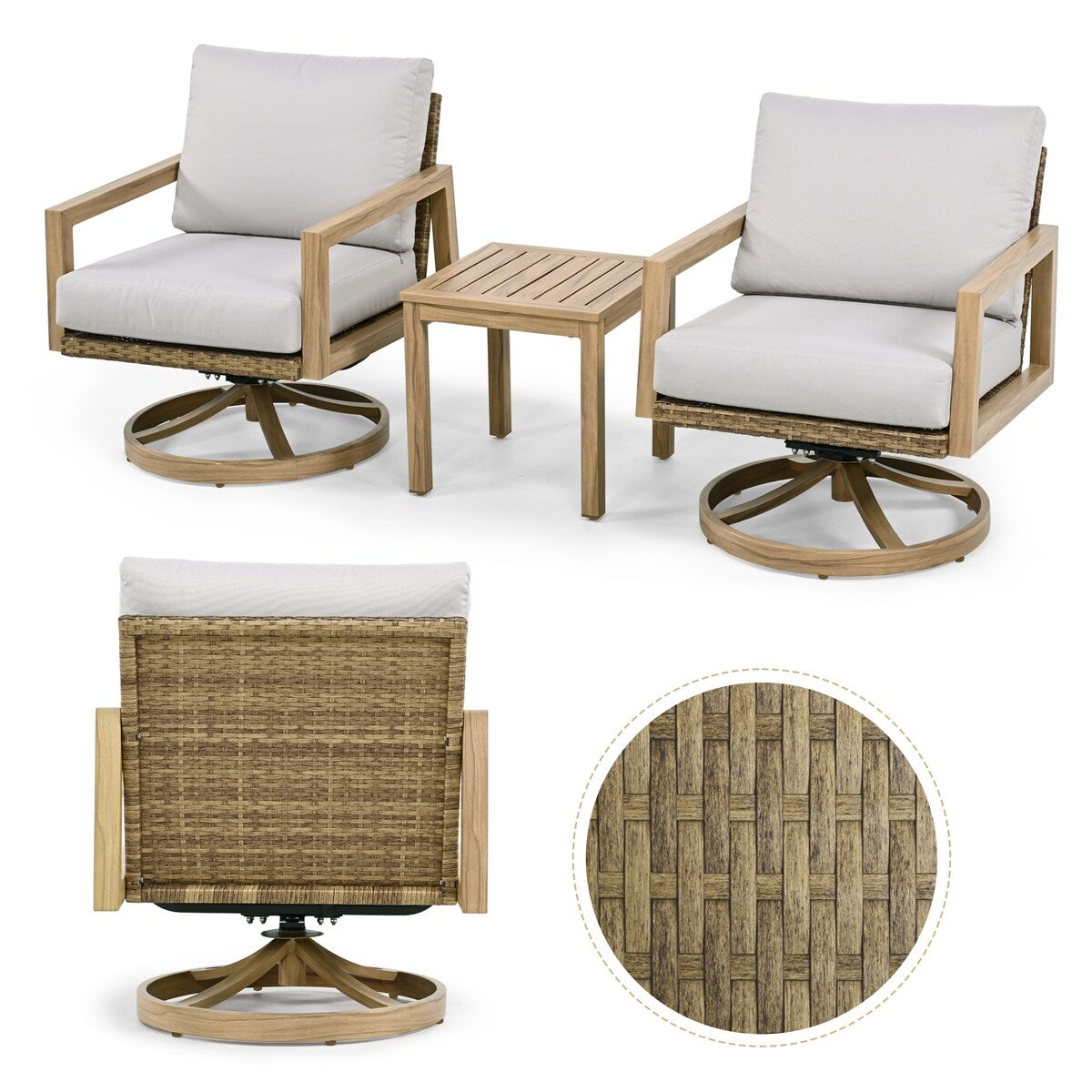 Set da conversazione per patio in alluminio effetto legno, composto da 3 pezzi, con sedie girevoli, schienale in rattan e cuscini