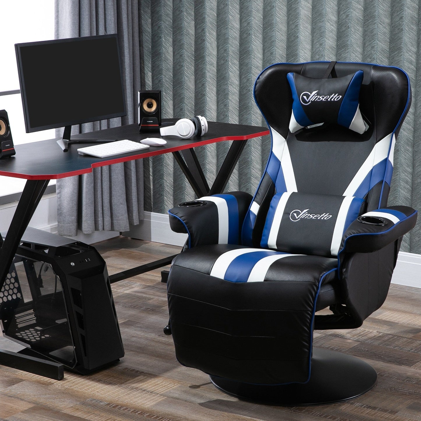 Sedia da gioco reclinabile per computer in stile racing con rotazione a 360°, sedia da ufficio ergonomica con supporto lombare, poggiapiedi e portabicchieri