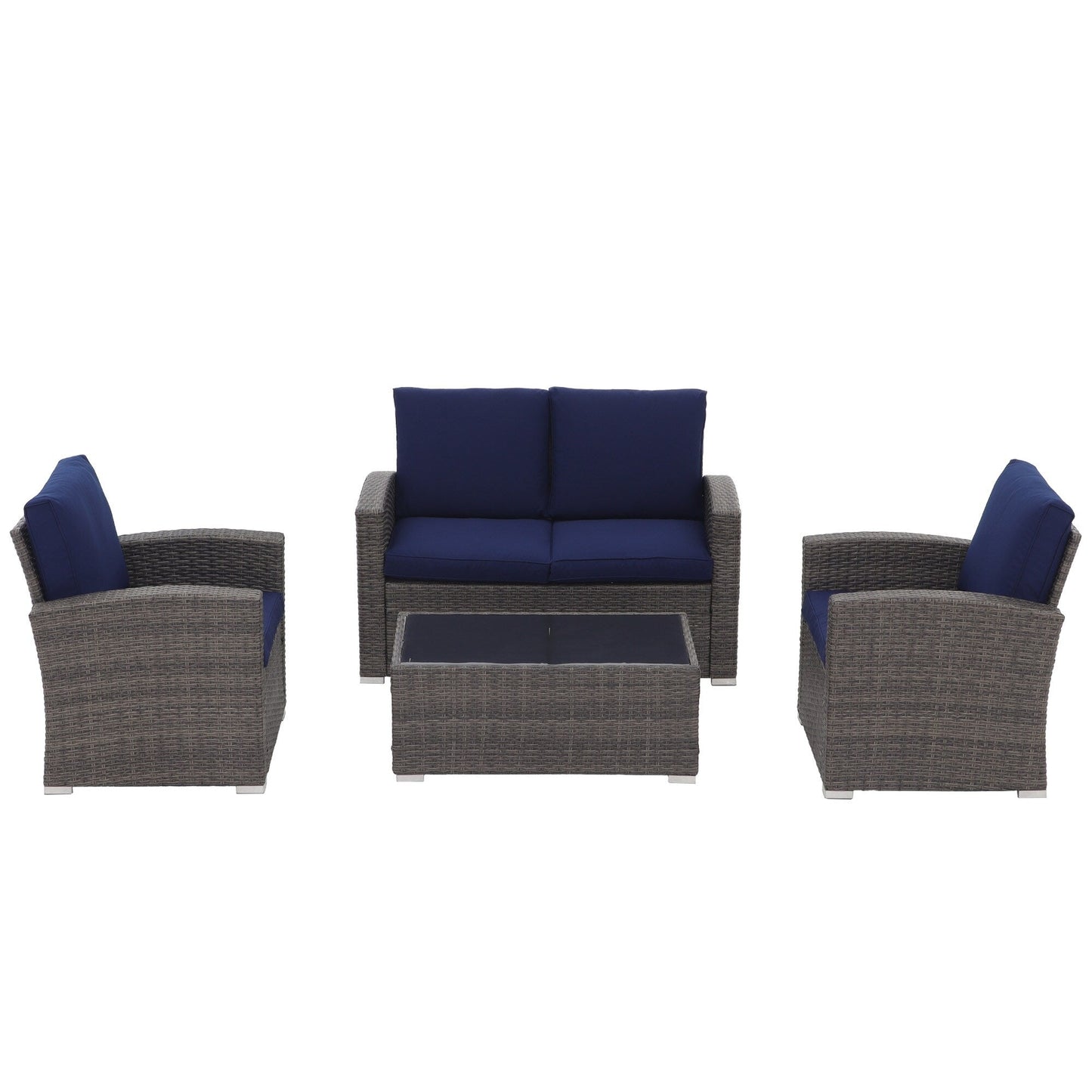 Set da conversazione in rattan per 4 persone con cuscini grigi e tavolo da esterno in vetro temperato