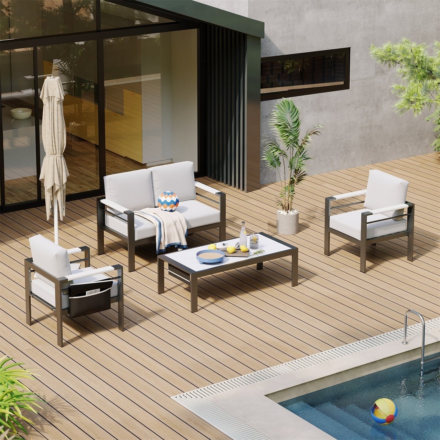 Set da conversazione per patio in alluminio da 4 pezzi per 4 persone con cuscini, tavolino da caffè a LED e divanetto