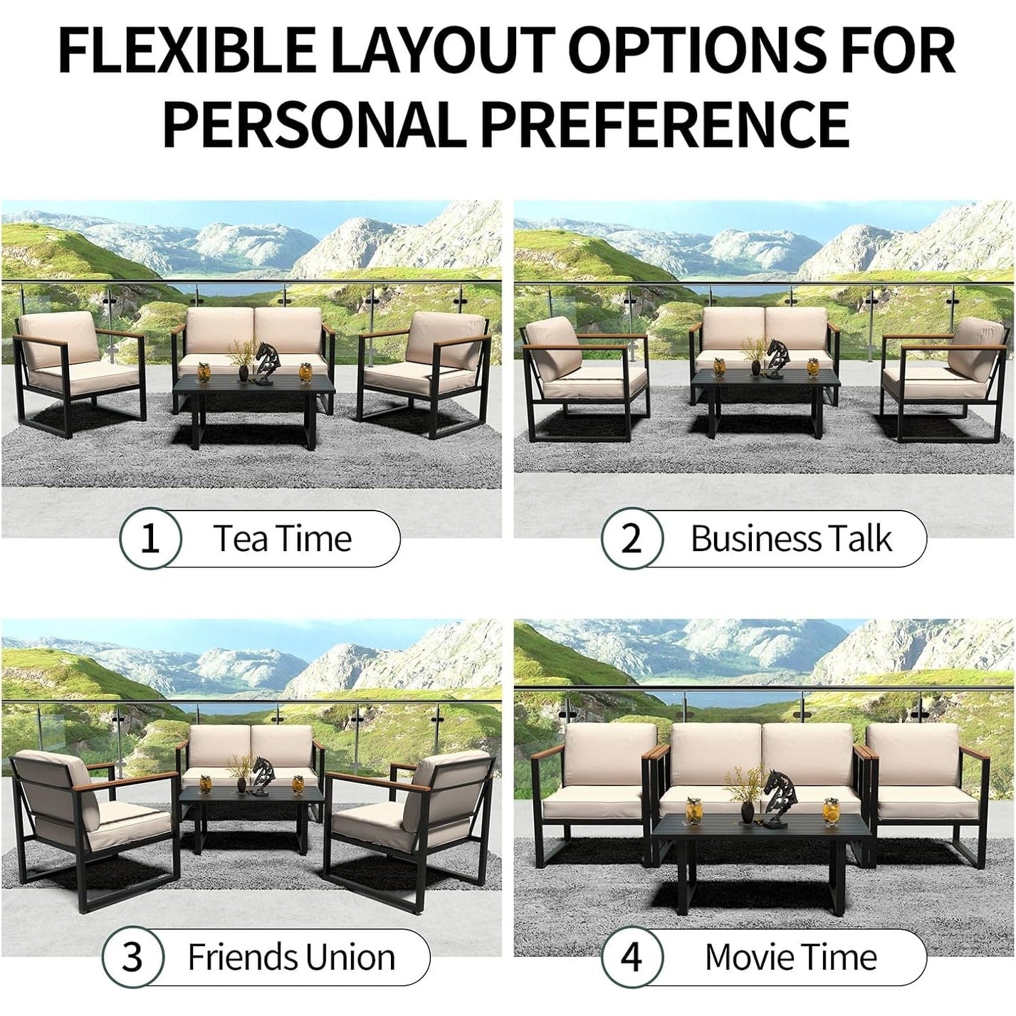 Set da conversazione in metallo, 4 pezzi, per esterni