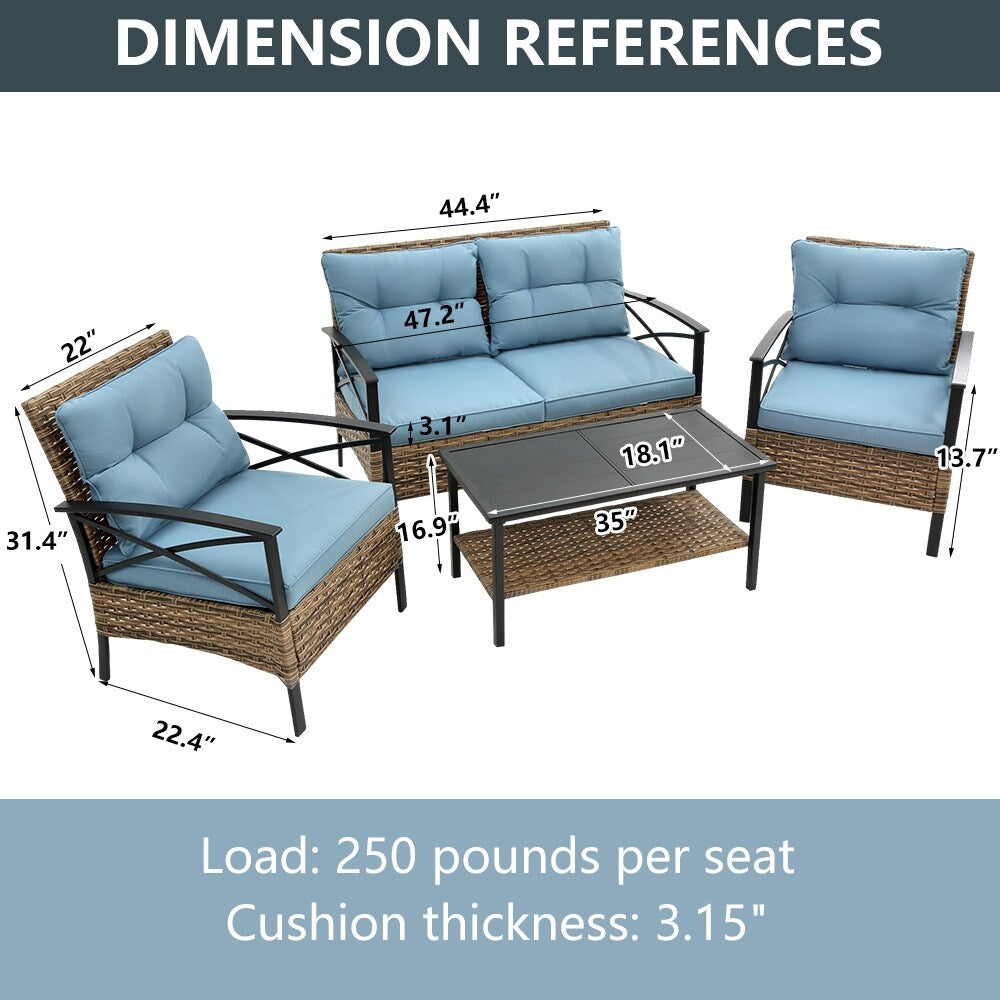 Set di mobili da esterno in rattan da 4 pezzi, cuscini spessi e tavolino laterale - 1 tavolo + 2 sedie singole + 1 divano a due posti