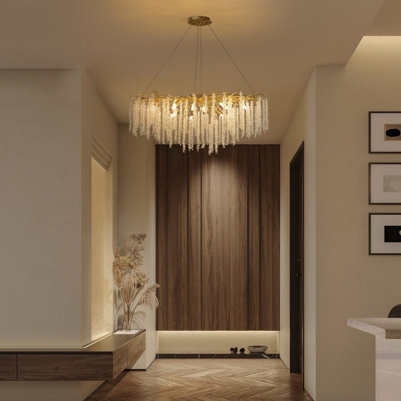 Lampadario rettangolare moderno in cristallo dorato da 40 pollici con rami di albero, lampadario per isola cucina, lampada a sospensione per sala da pranzo