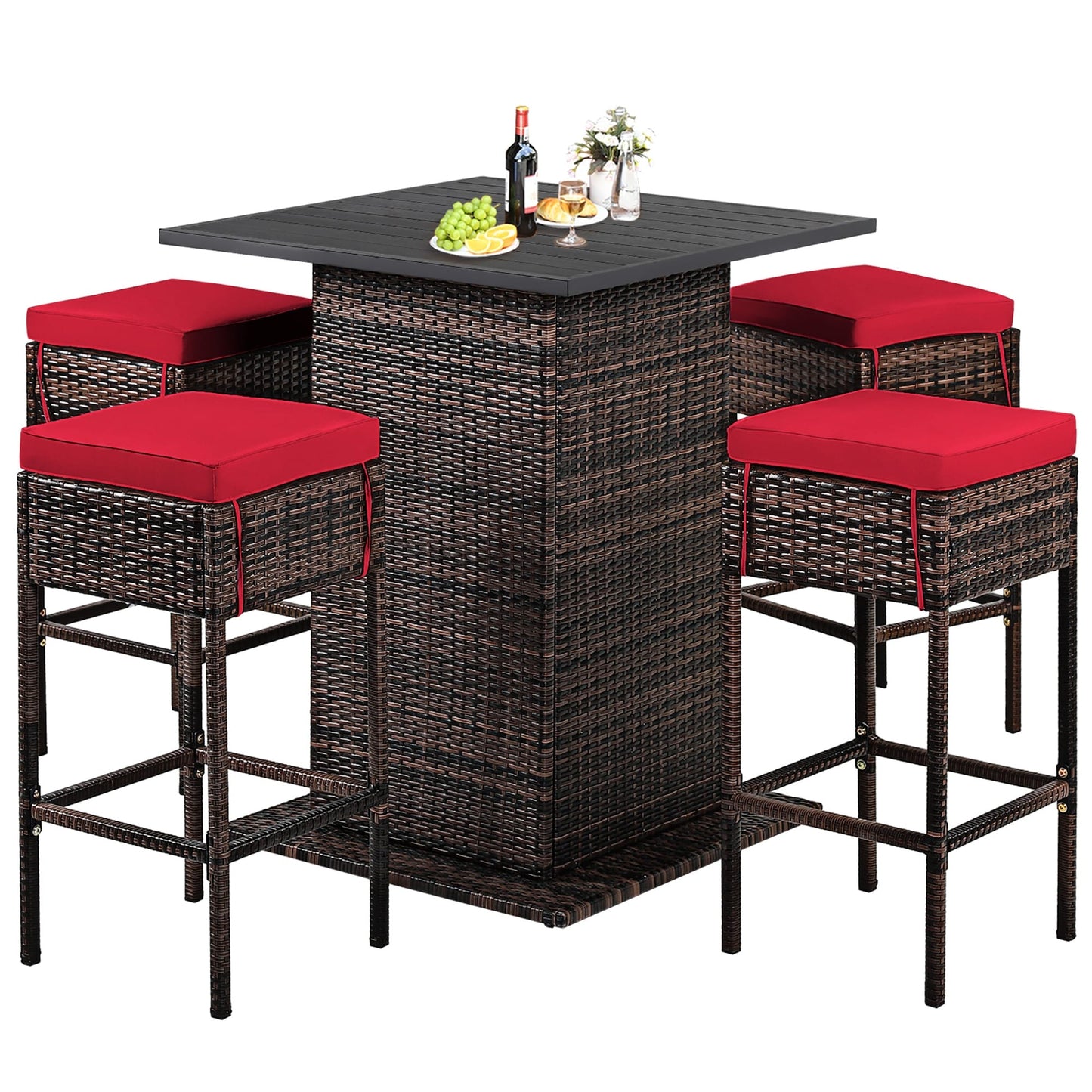 Set da bar per esterni in rattan da 5 pezzi, mobili da bar per patio con cuscini e sgabelli
