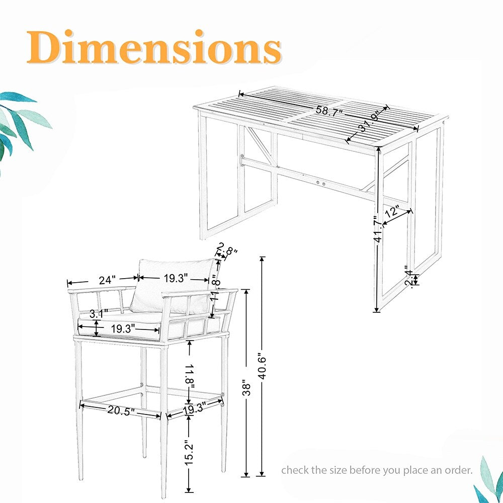 Set da pranzo da esterno in acciaio da 5 pezzi con 4 sedie, set da bar per patio, cuscini