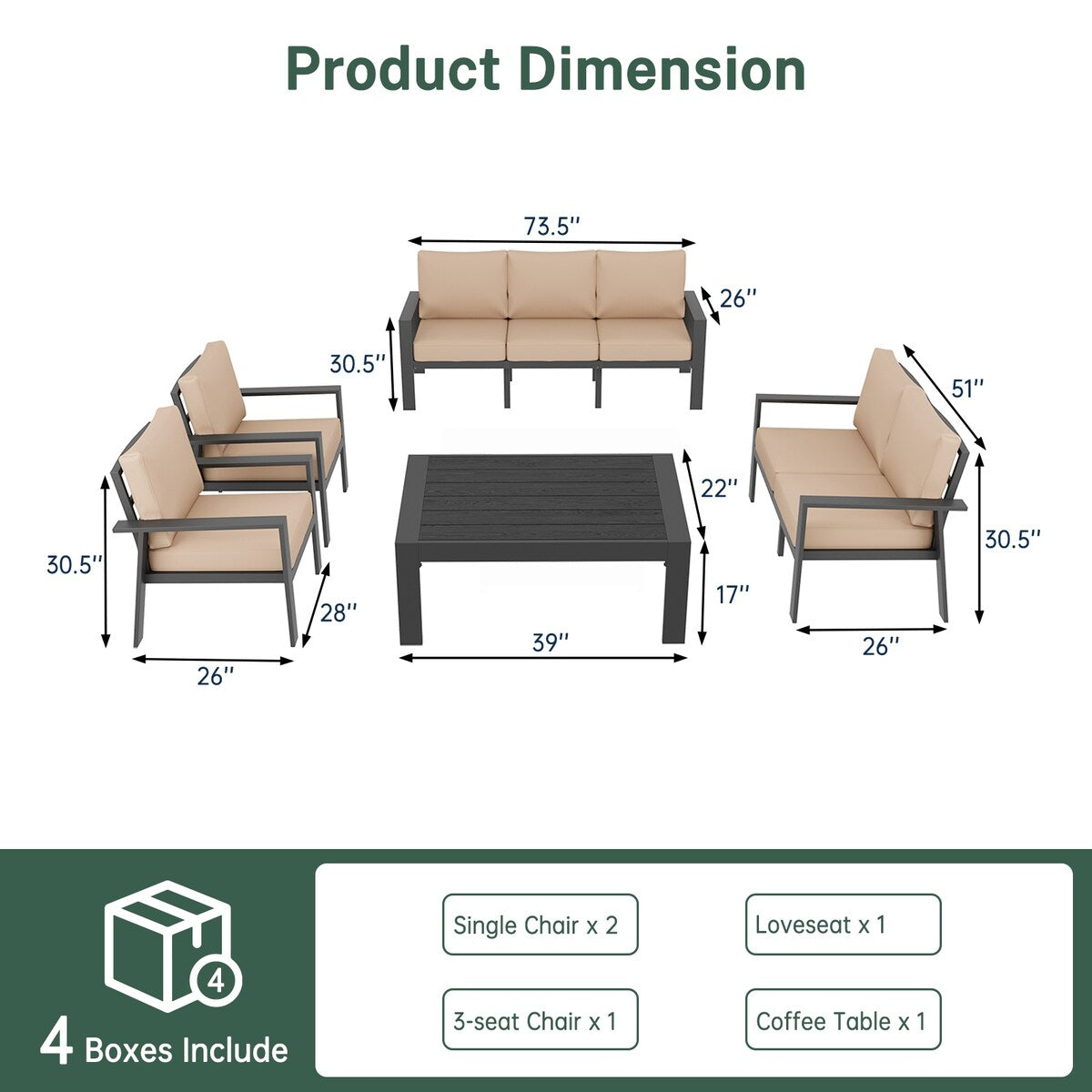 Set di mobili da giardino da 5 pezzi, set di mobili da esterno in alluminio con copertura impermeabile