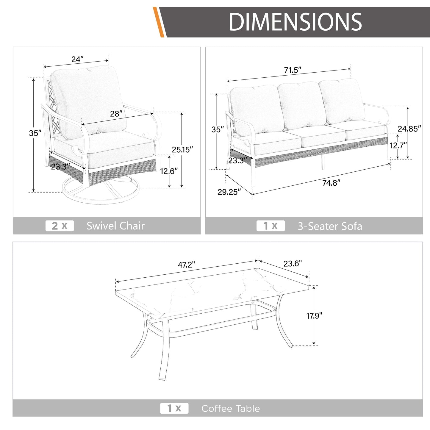 MAISON ARTS Set di mobili da giardino a 5 posti, 2 sedie imbottite in metallo, 1 divano a 3 posti con tavolino da caffè marmorizzato