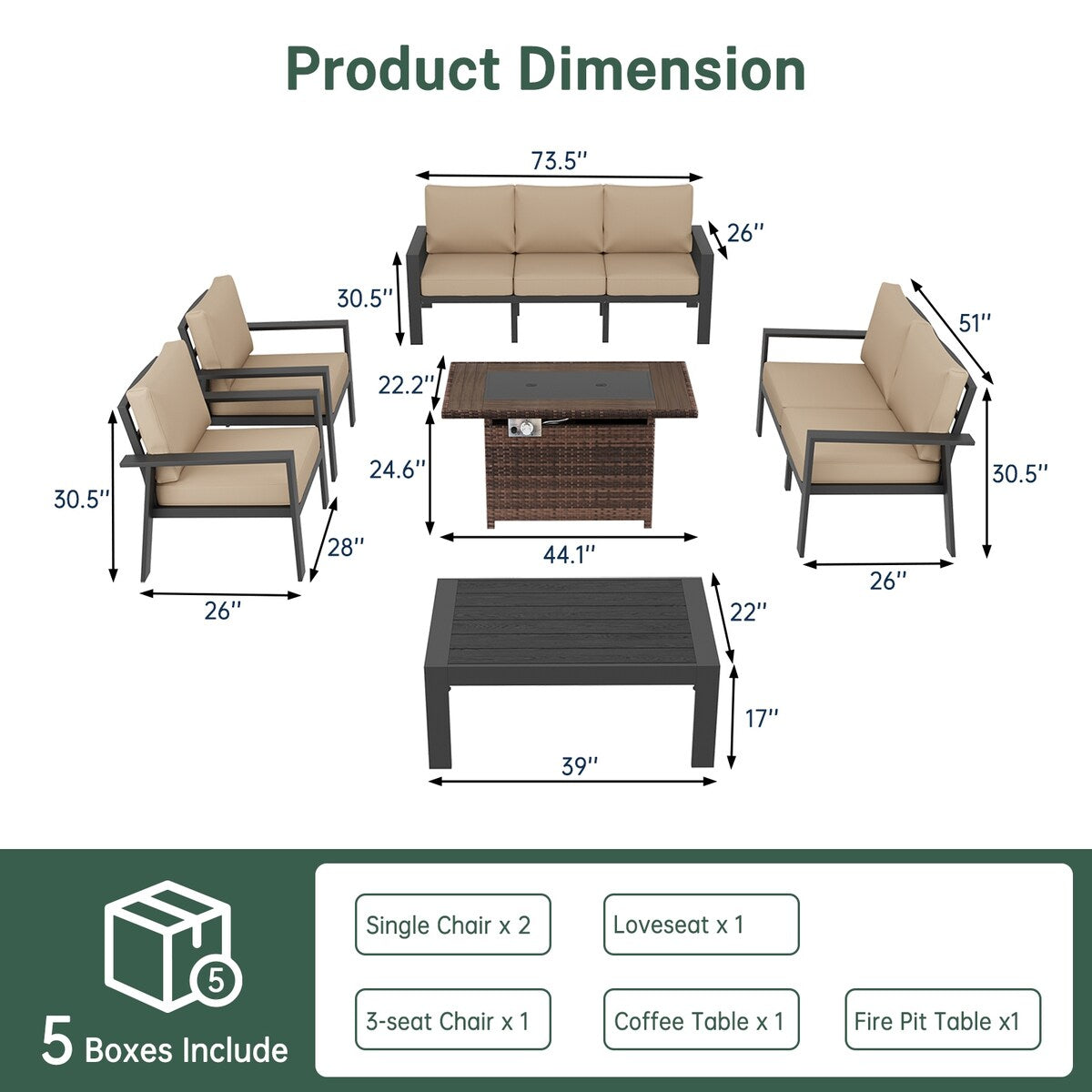 Set di 6 mobili da giardino in alluminio per esterni con copertura impermeabile