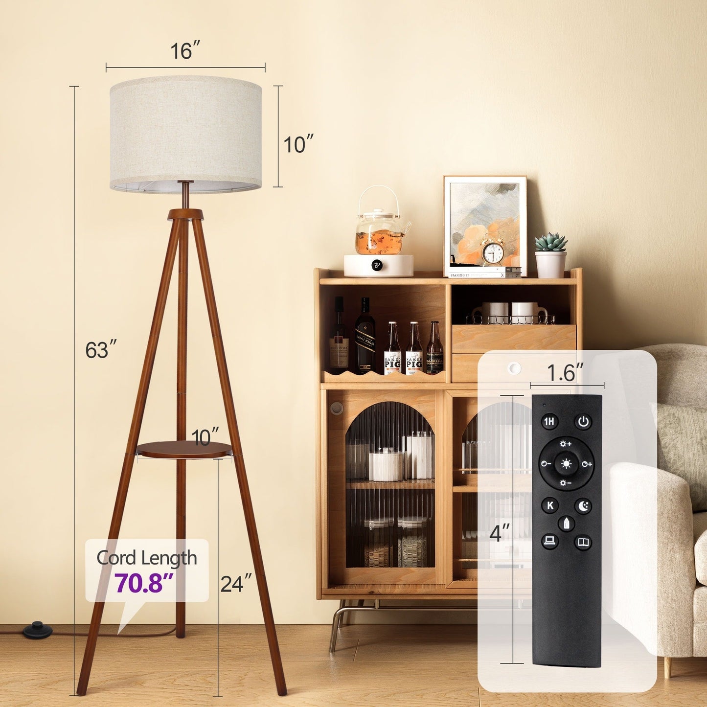 Lampada da terra con treppiede in noce da 63 pollici con gambe in legno massello e vassoio