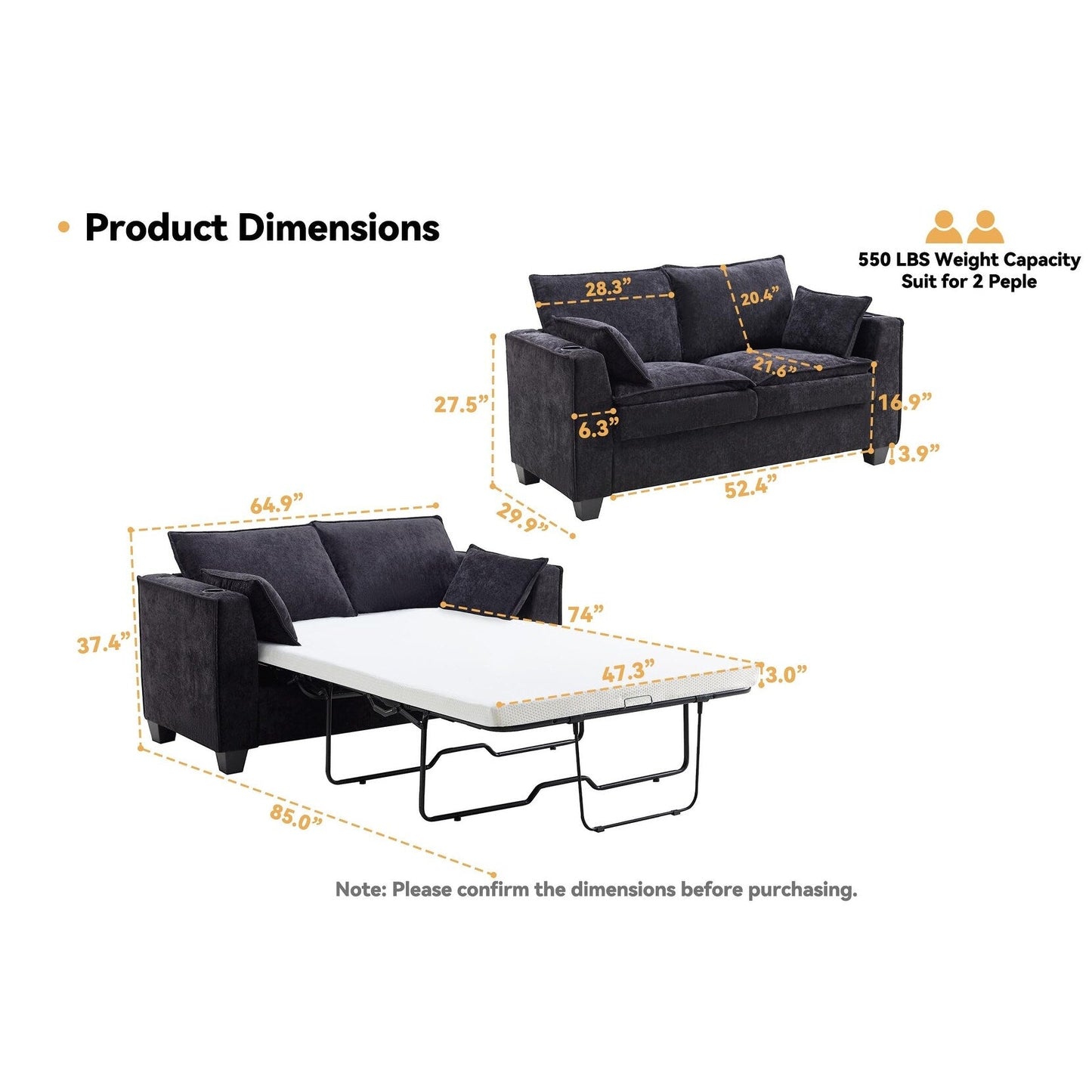 Divano letto a 2 posti in ciniglia da 64,9 con topper in memory foam - Struttura letto a doghe in legno massello, 2 portabicchieri