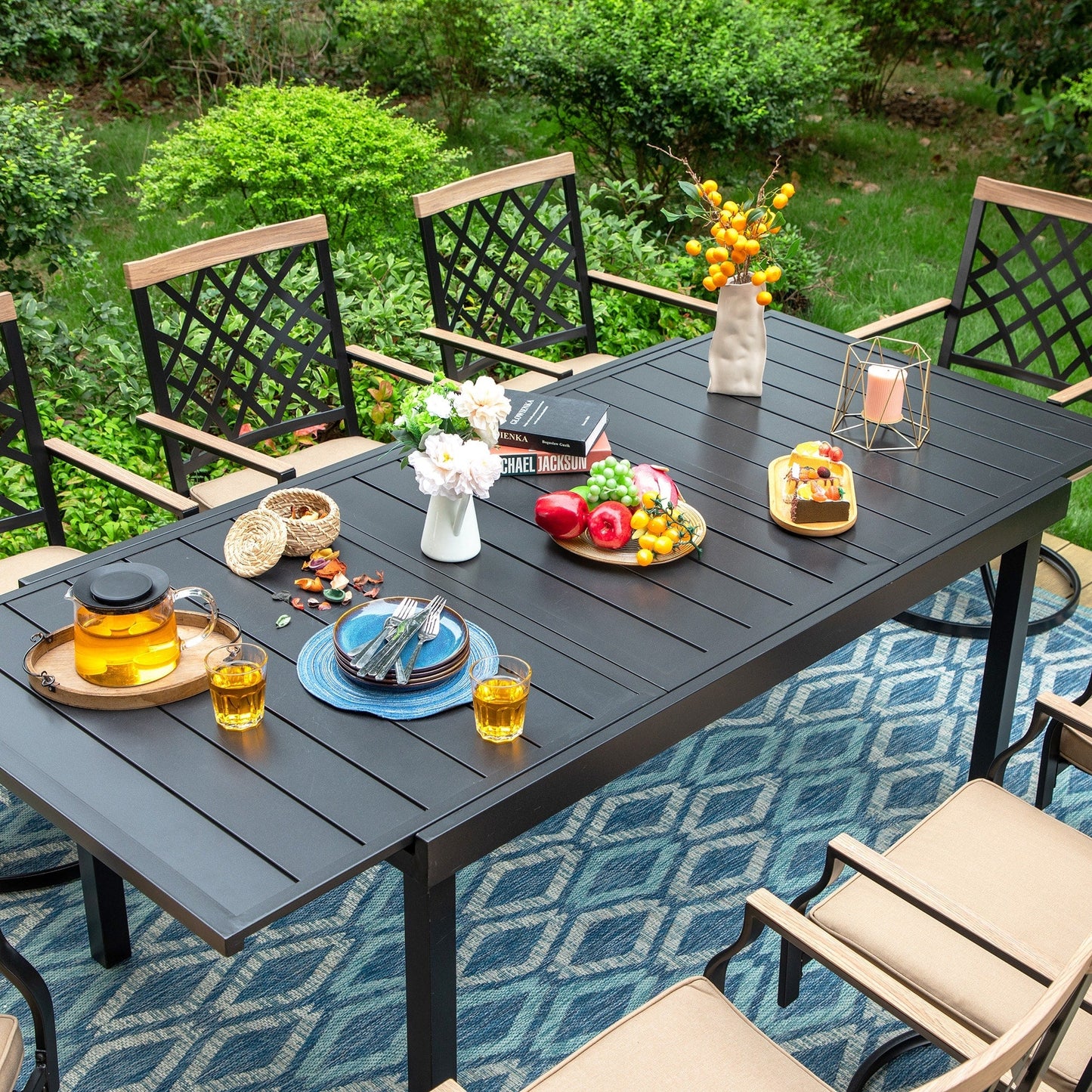 MAISON ARTS Set da pranzo per esterni da 7/9 pezzi, 6/8 sedie da pranzo girevoli in metallo, 1 tavolo rettangolare espandibile