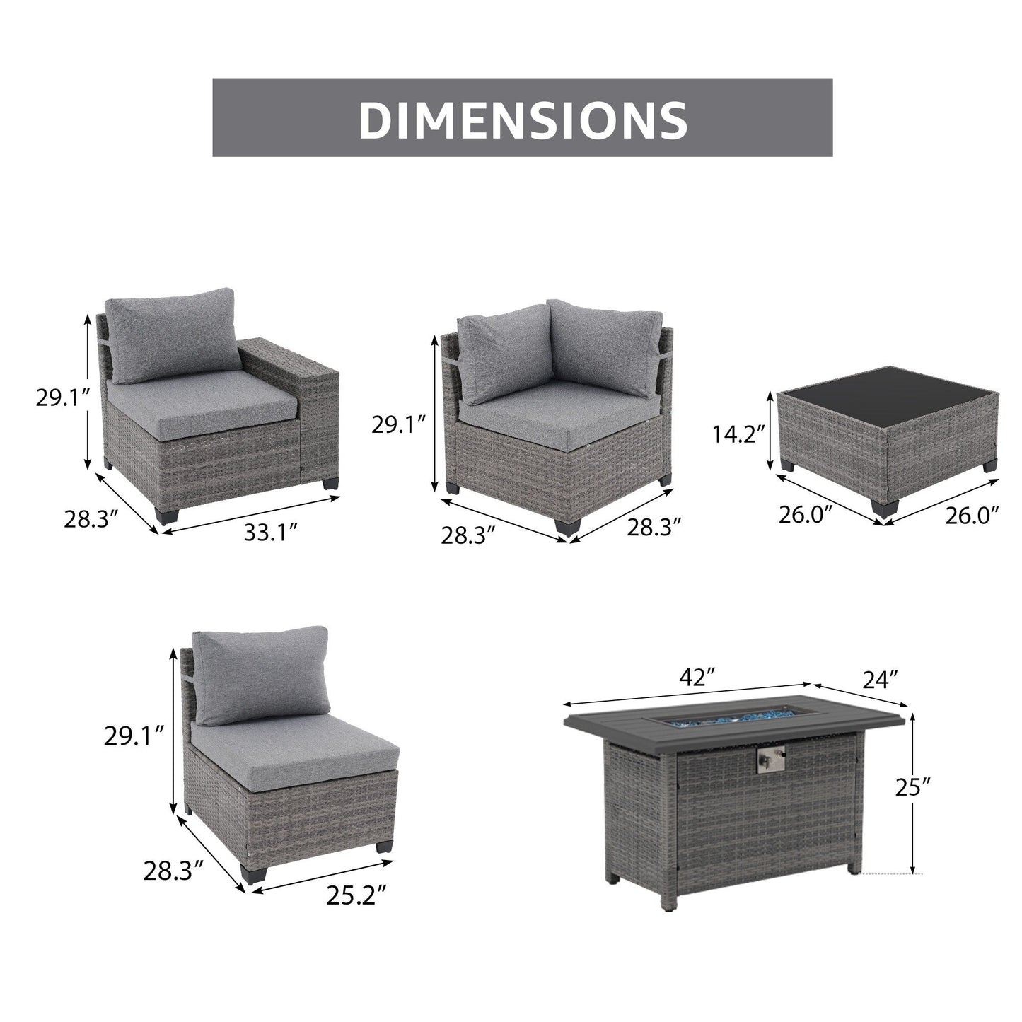 Set da conversazione in vimini per patio, 7 pezzi, 5 persone, combinazione libera, con cuscini impermeabili e tavolo con braciere