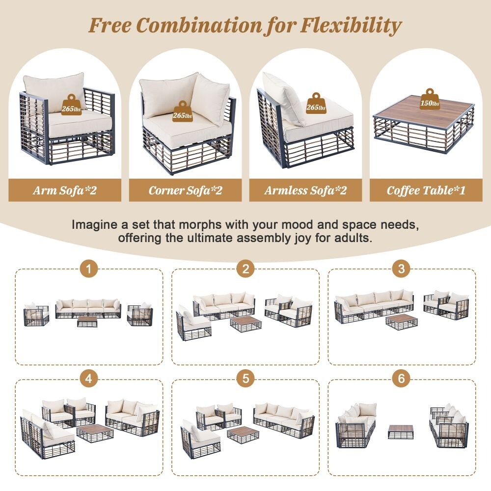 Set di divani componibili da giardino in metallo da 7 pezzi, set di mobili da giardino per tutte le stagioni, con cuscini spessi e tavolino da caffè