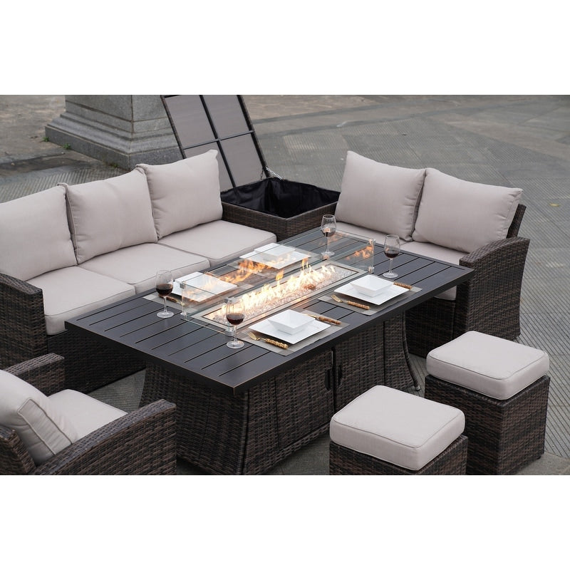 Set di divani da conversazione da giardino da 7 pezzi con tavolo da fuoco in alluminio