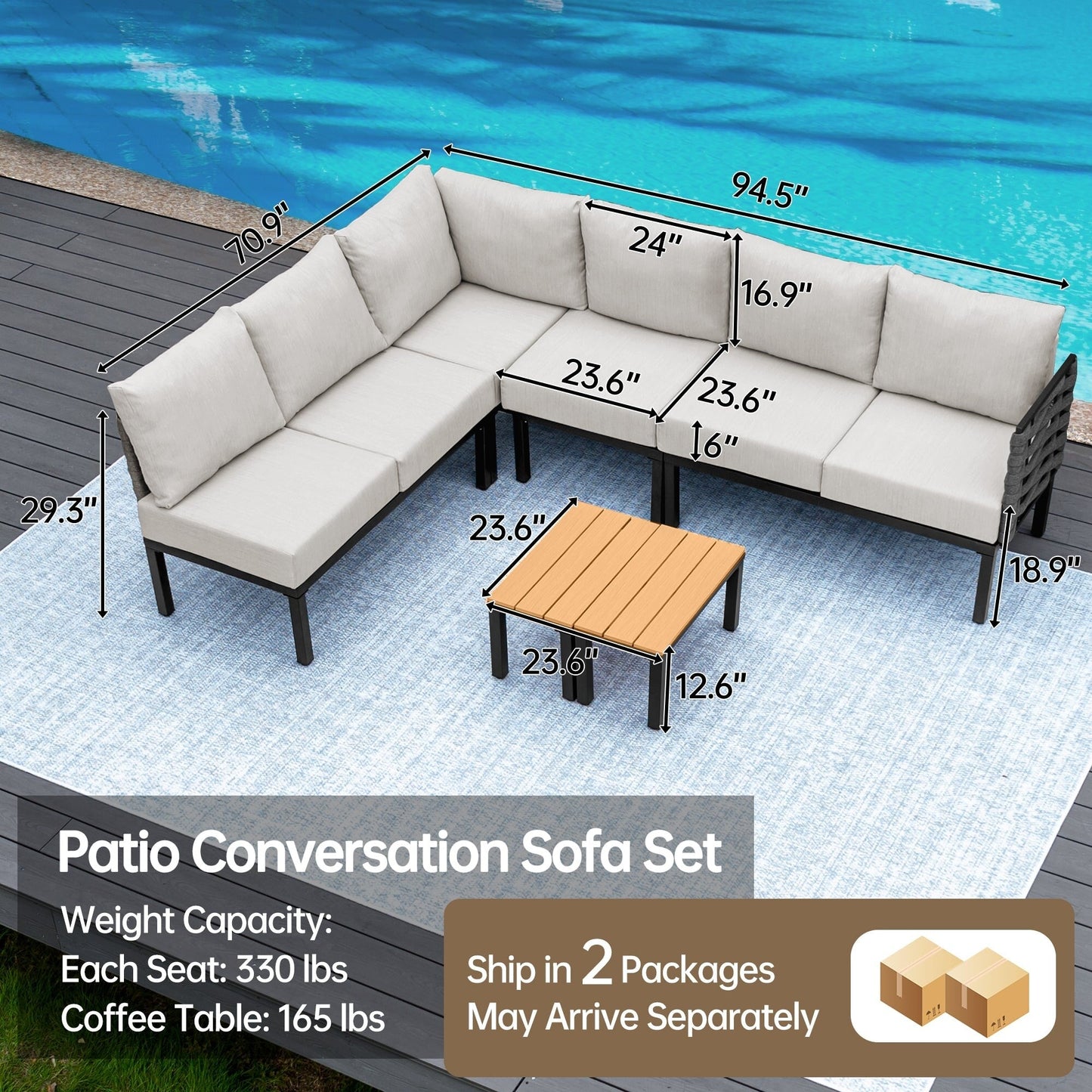 Set di mobili da giardino per esterni, divano componibile a L con 6 cuscini spessi e tavolino per giardino e veranda