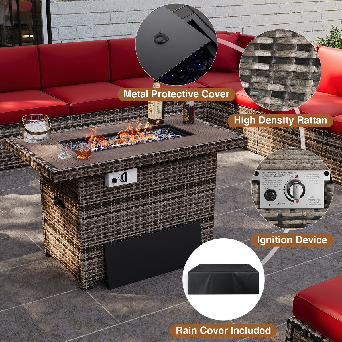 Set di mobili da giardino da 8 pezzi con tavolo da fuoco da 40 cm