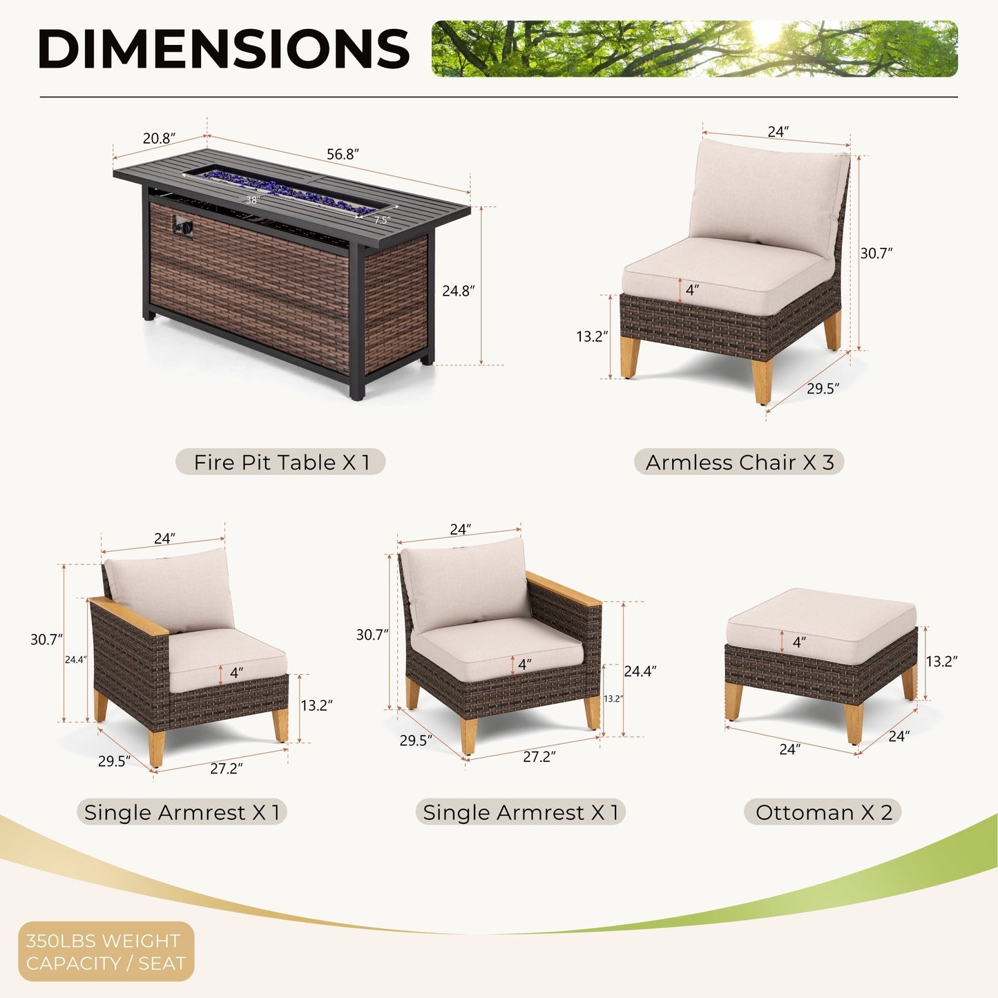 Set di divani componibili in vimini per esterni da 8 pezzi, ampi mobili da seduta, set da conversazione con tavolo con braciere