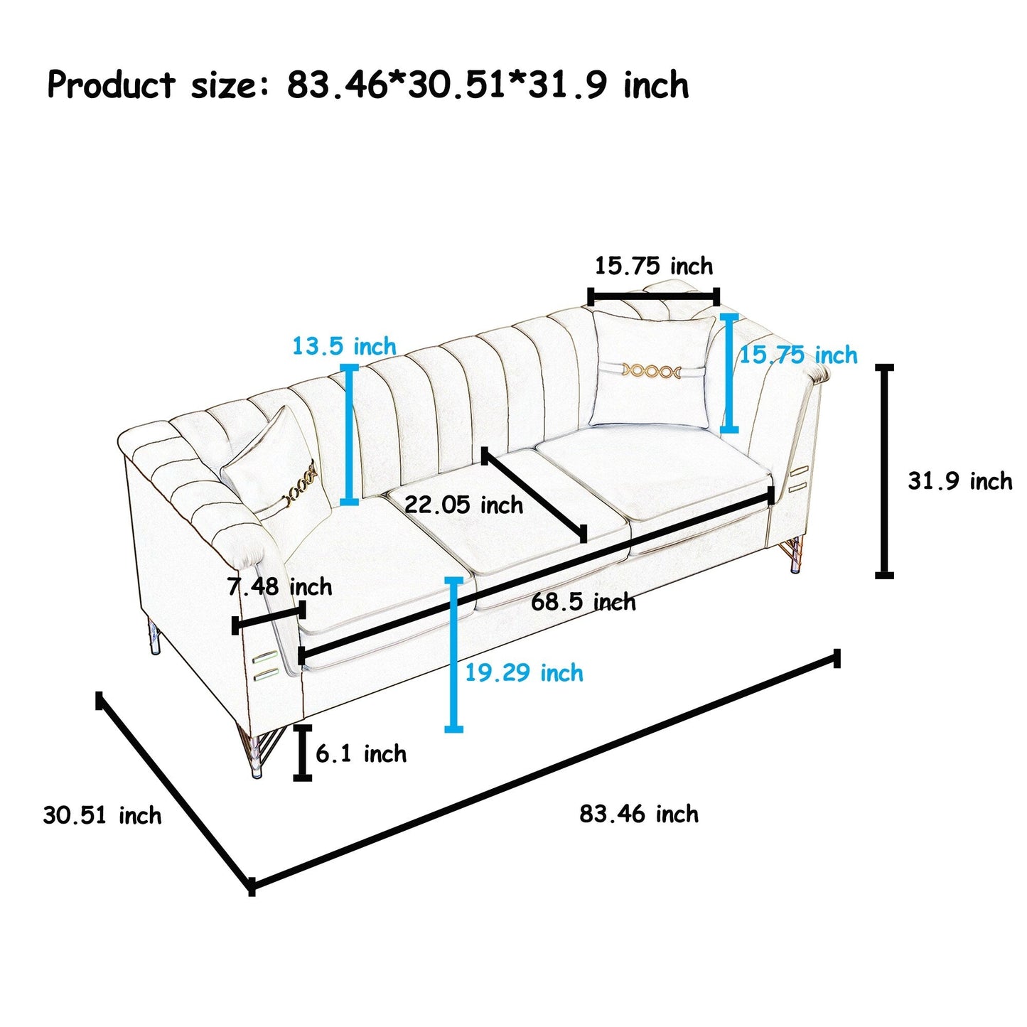 Divano moderno in velluto a 3 posti 82.67, schienale capitonné con canali verticali, gambe in metallo dorato, stile Chesterfield