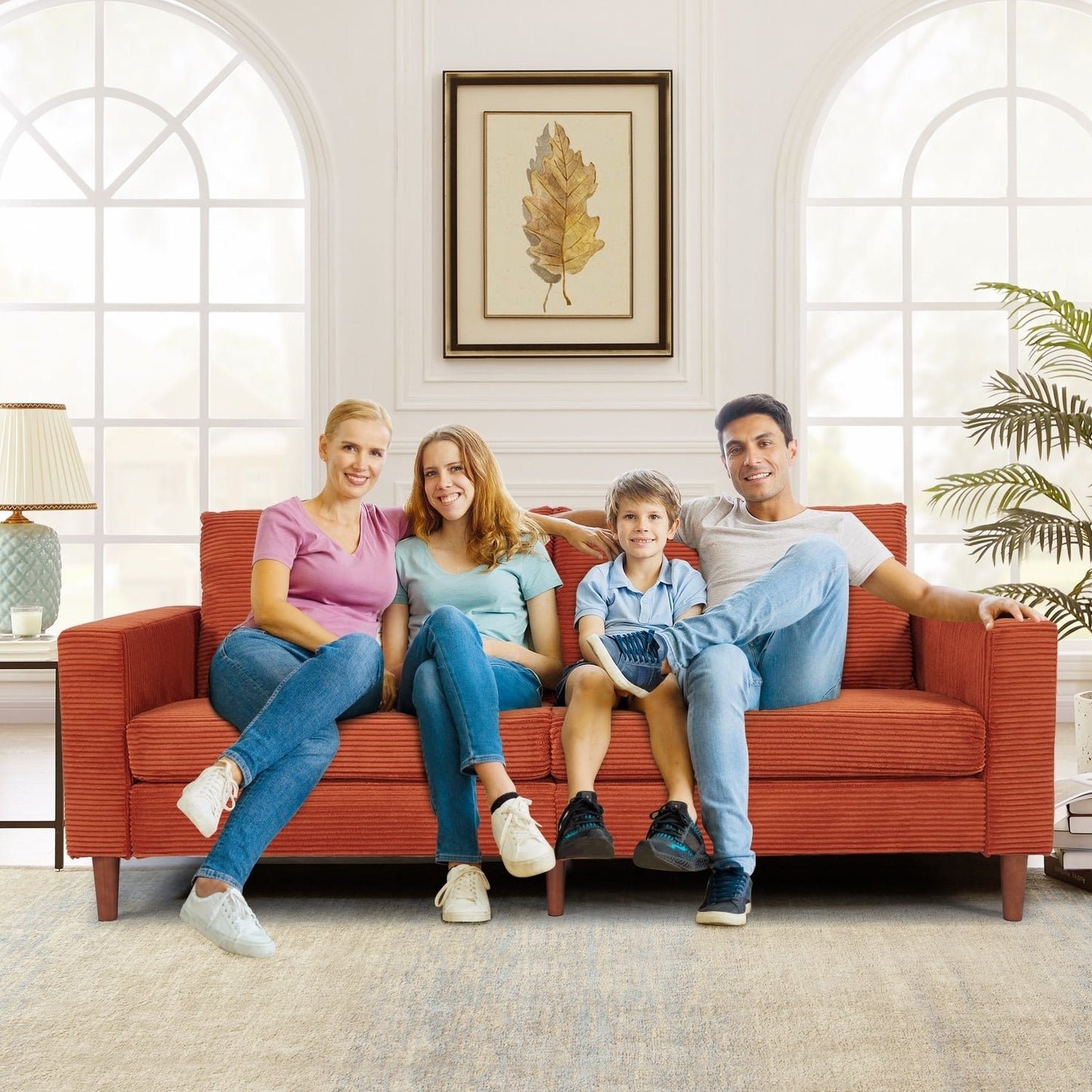 Divano a due posti rettangolare in velluto a coste da 82,68 pollici, stile moderno di metà secolo, con bracciolo quadrato