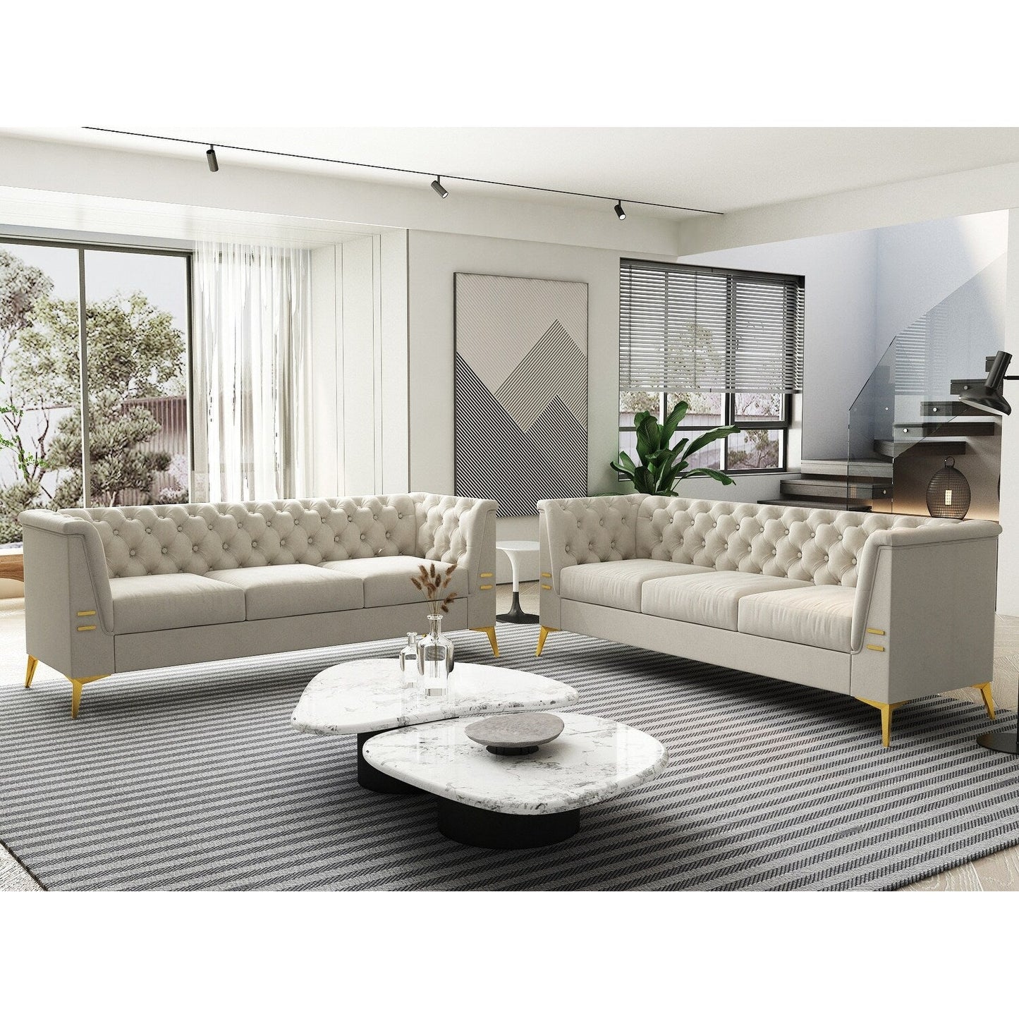 Divano Chesterfield in velluto da 82'' a 3 posti con gambe in metallo dorato, spugna ad alto rimbalzo e cuscini rimovibili