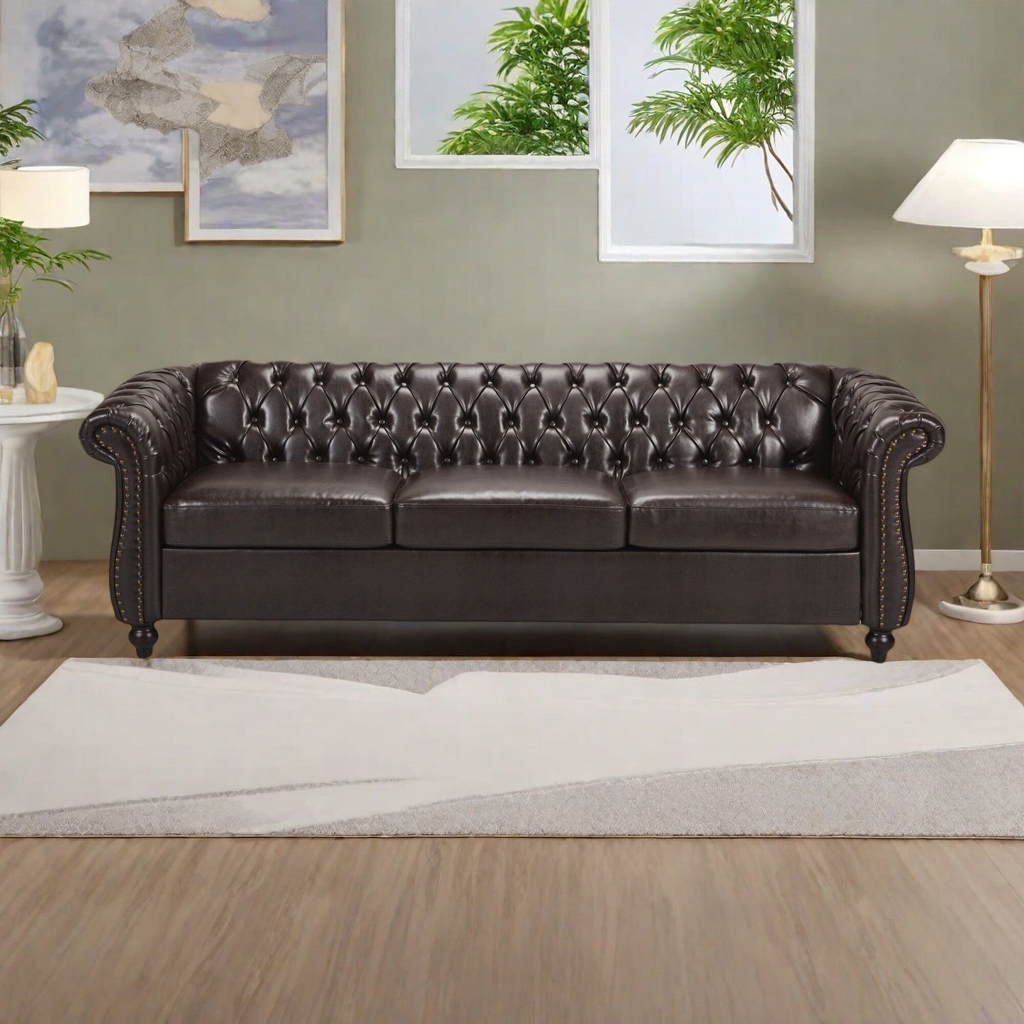 Divano a 3 posti in PU da 84,75 pollici - Design classico con bottoni trapuntati, dettagli con borchie e braccioli a volute