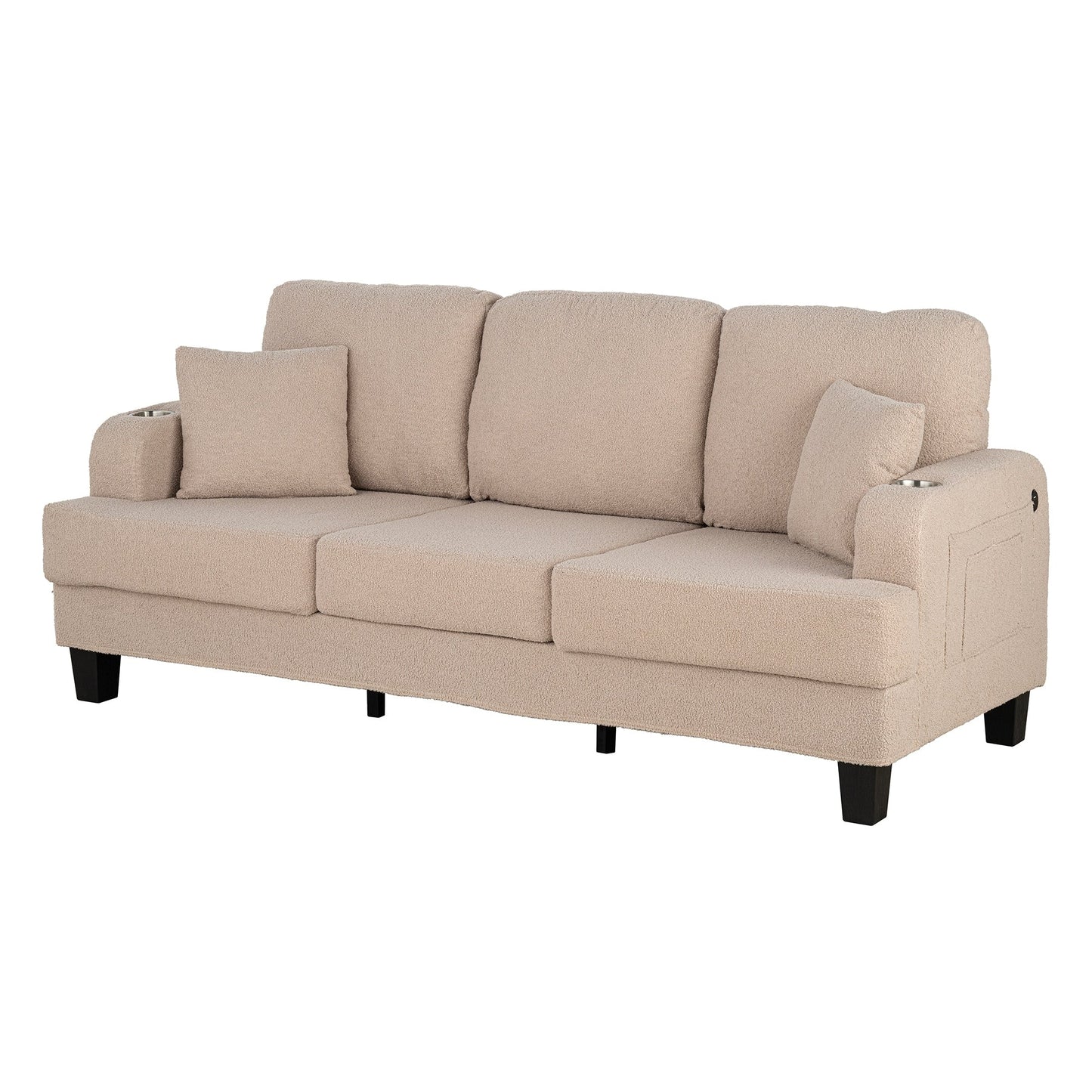 Divano moderno a 3 posti in velluto a coste beige con USB e 2 cuscini