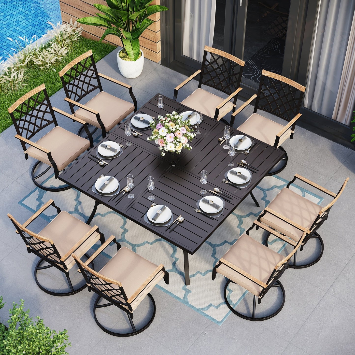 MAISON ARTS Set da pranzo per patio da 9 pezzi, tavolo quadrato in metallo da 60 pollici con 8 sedie da pranzo girevoli