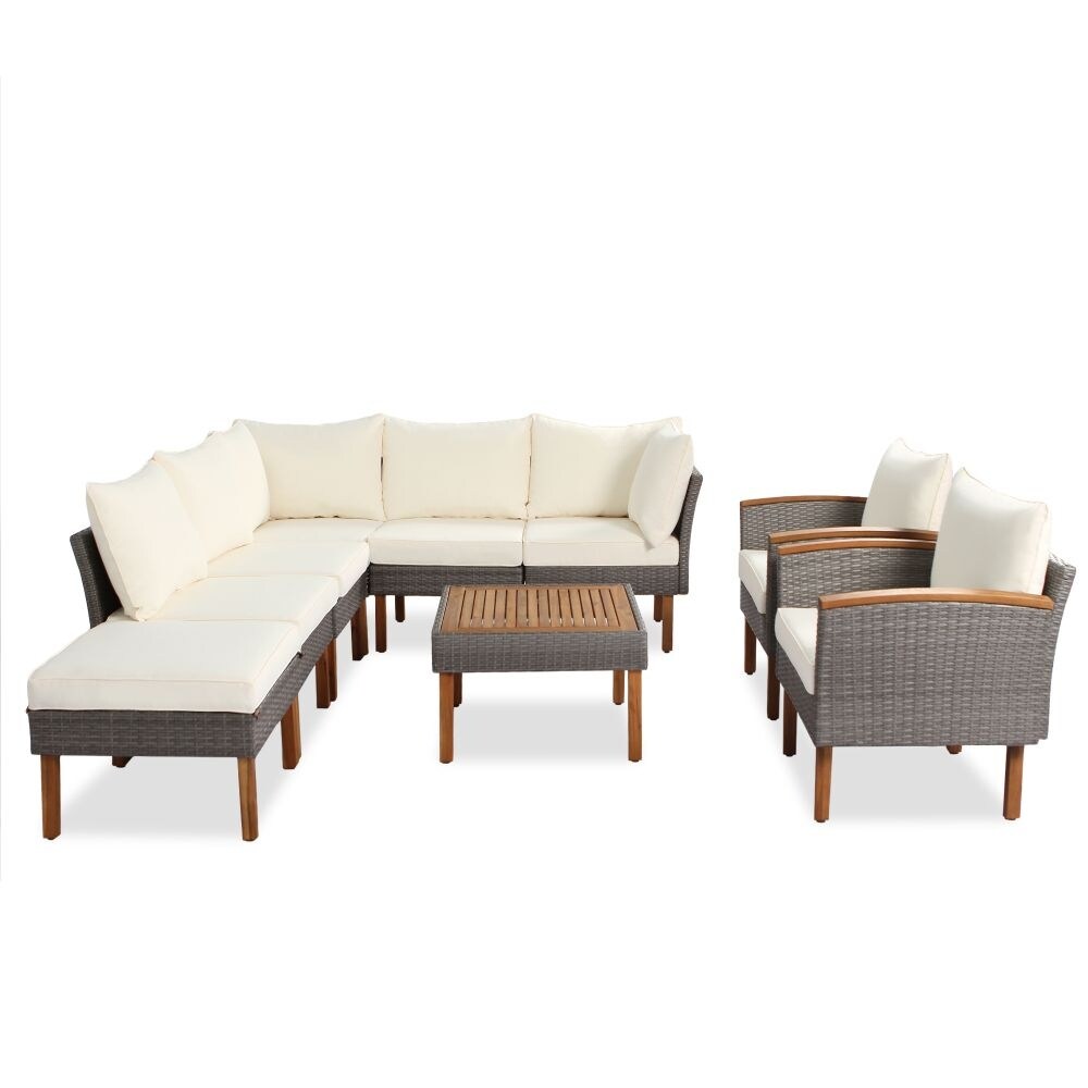 Set di mobili da giardino in rattan da 9 pezzi, set da conversazione all'aperto con gambe in legno di acacia e piano del tavolo