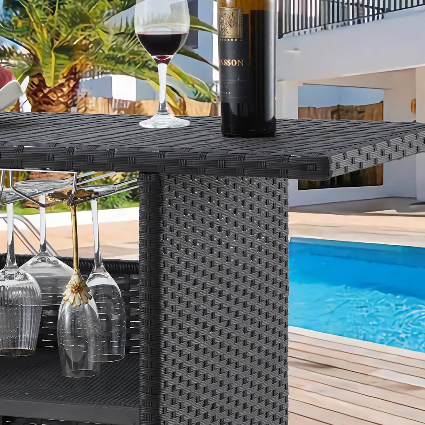 AVAWING 5PCS Set da bar per patio Set da bar per esterni in rattan con cuscino rimovibile