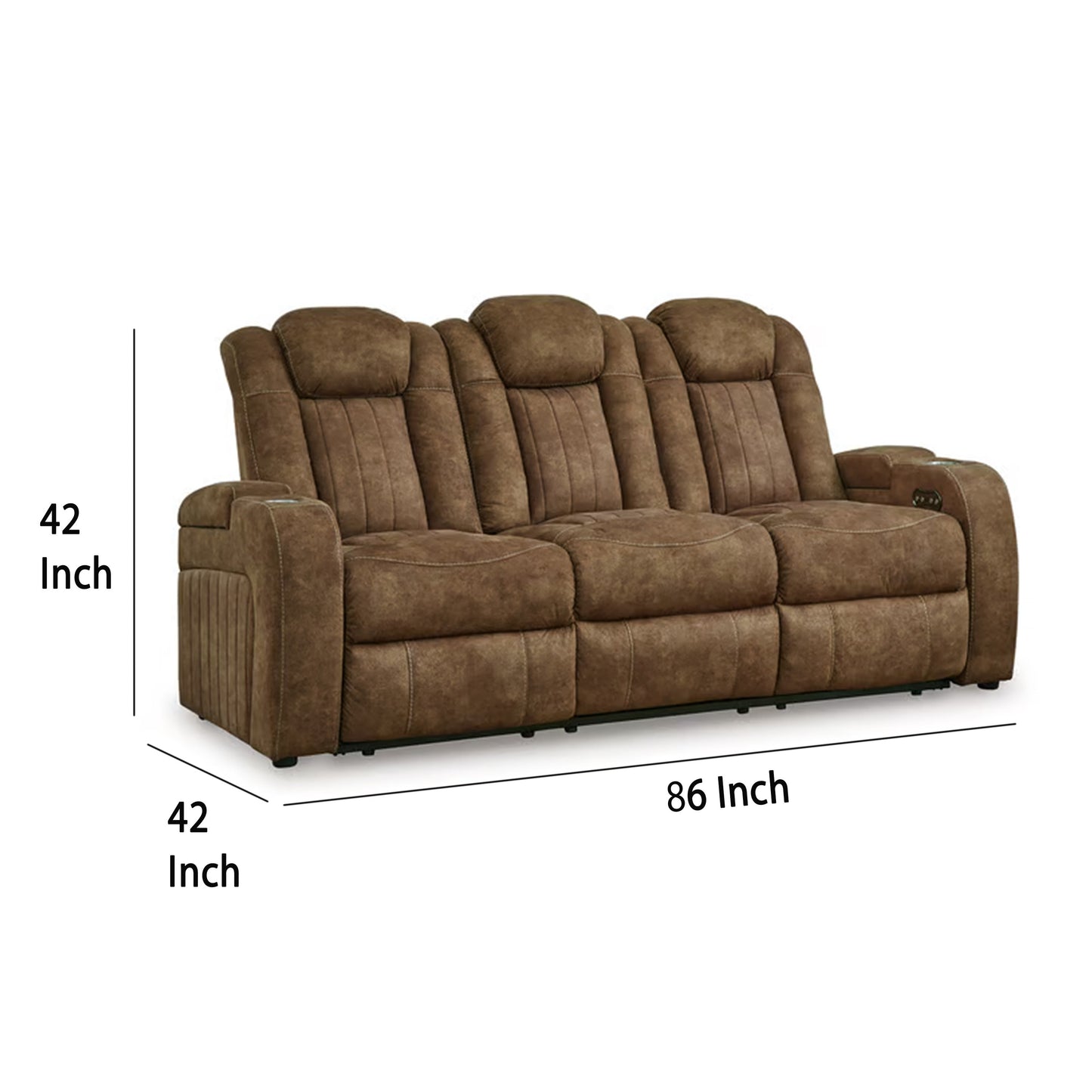 Divano reclinabile Alexy Power, USB, contenitore, similpelle marrone, 86 pollici