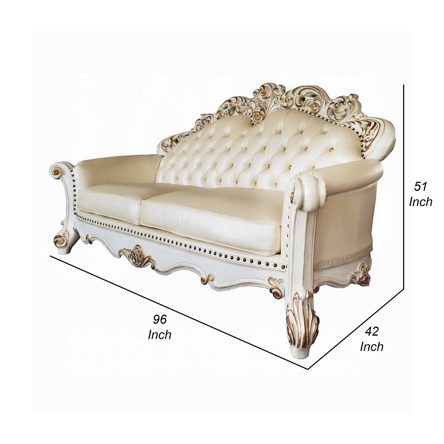 Divano Antoine, 5 cuscini, similpelle champagne, bianco perla, 96 pollici