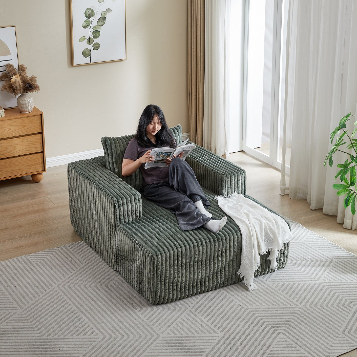 Poltrona lounge moderna in velluto a coste verde militare da 62,5 pollici con 2 cuscini per soggiorno