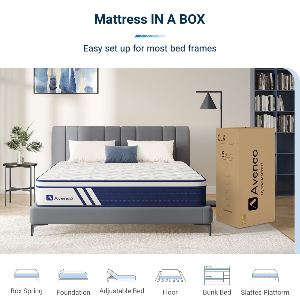 Materasso ibrido Avenco 10'' in memory foam e molle insacchettate in gel, in una scatola