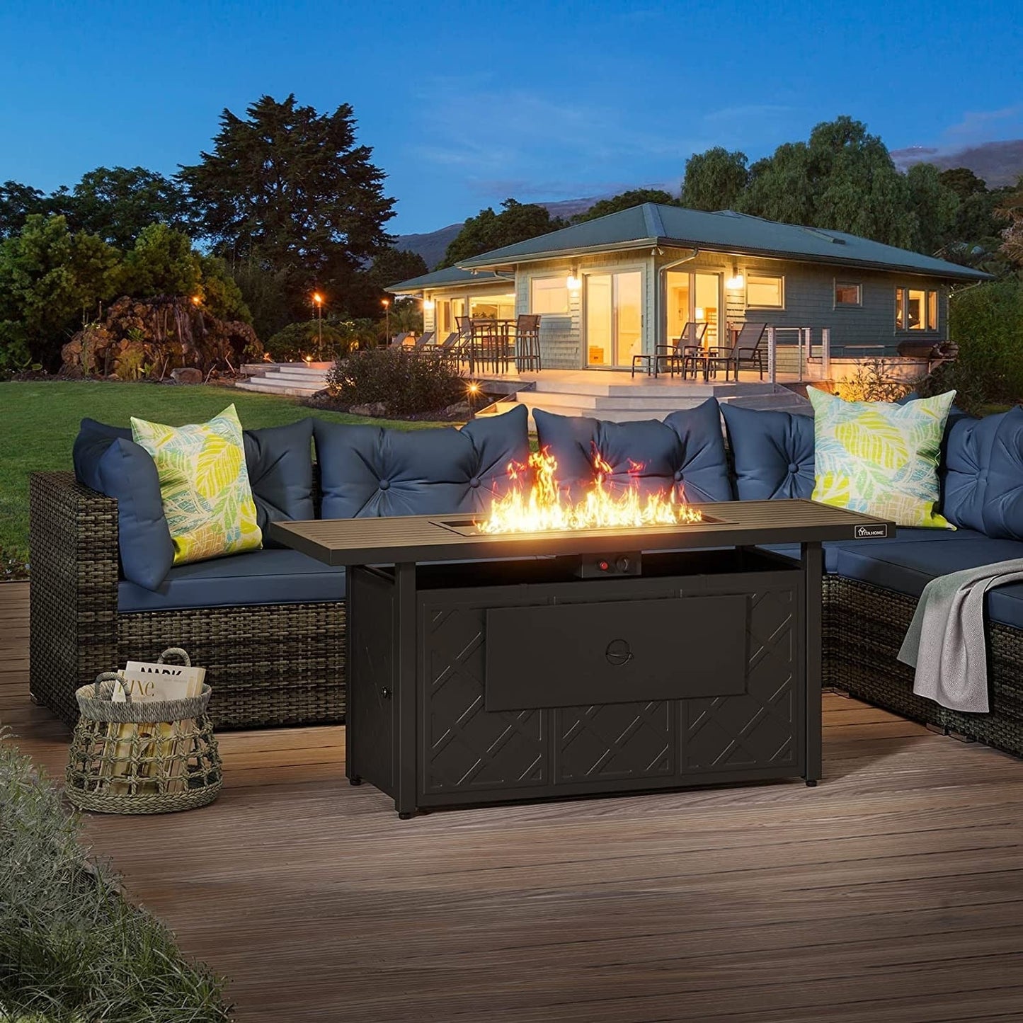 Set di divani componibili da giardino Bavorov in vimini, 7 pezzi, blu navy