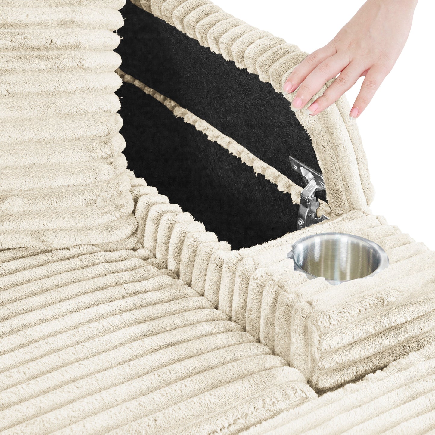 Divano letto singolo in velluto a coste beige 42,52 con seduta profonda, poggiapiedi rimovibile, bracciolo contenitore e 2 cuscini decorativi