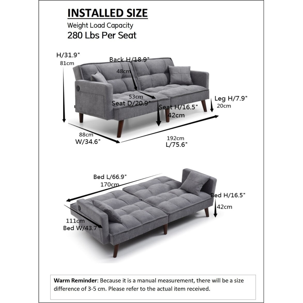 Divano letto a due posti in ciniglia beige da 75,6 pollici con porta di ricarica USB e schienale regolabile per soggiorno