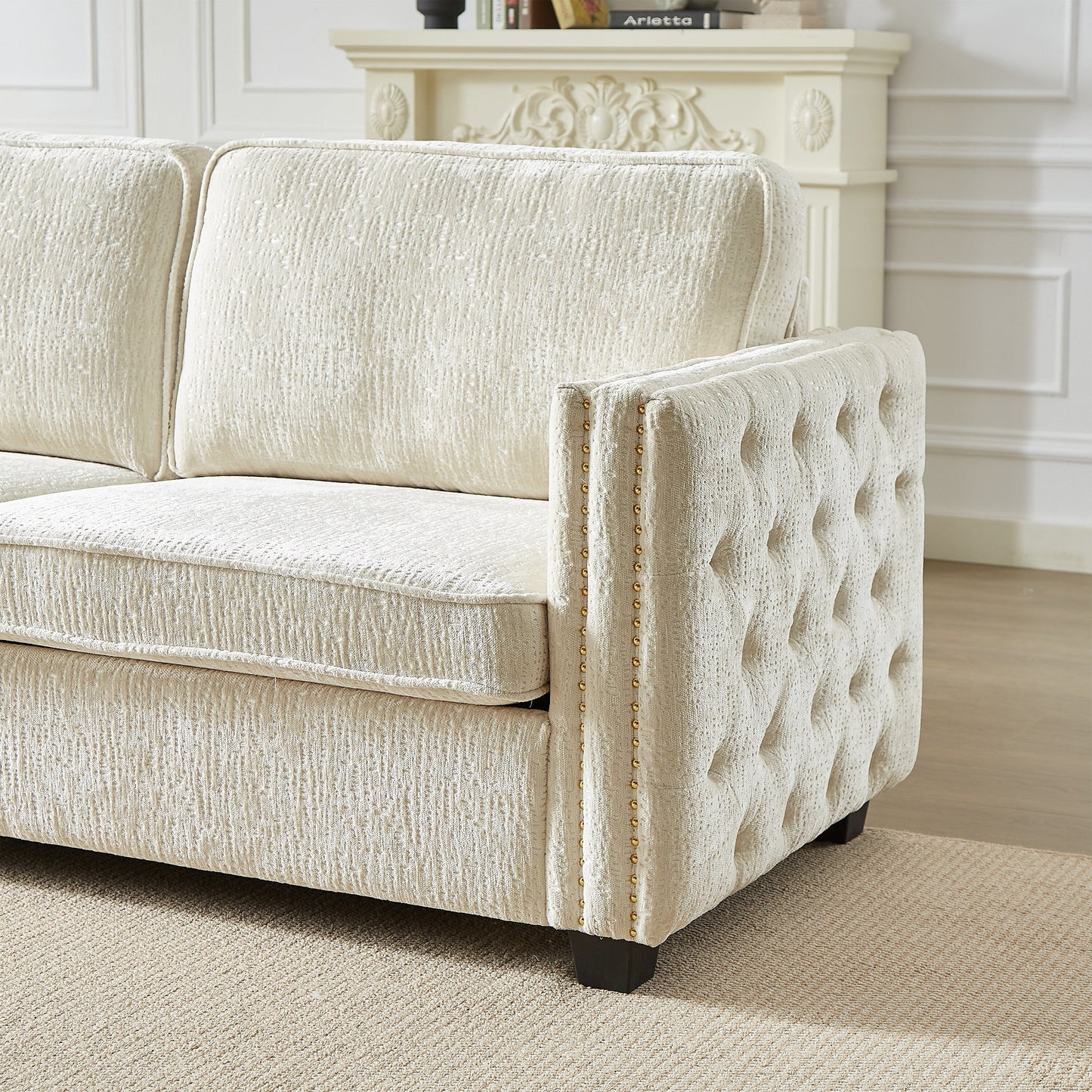 Divano letto a 3 posti beige 81 Chenille Nailheads con materasso in memory foam per soggiorno