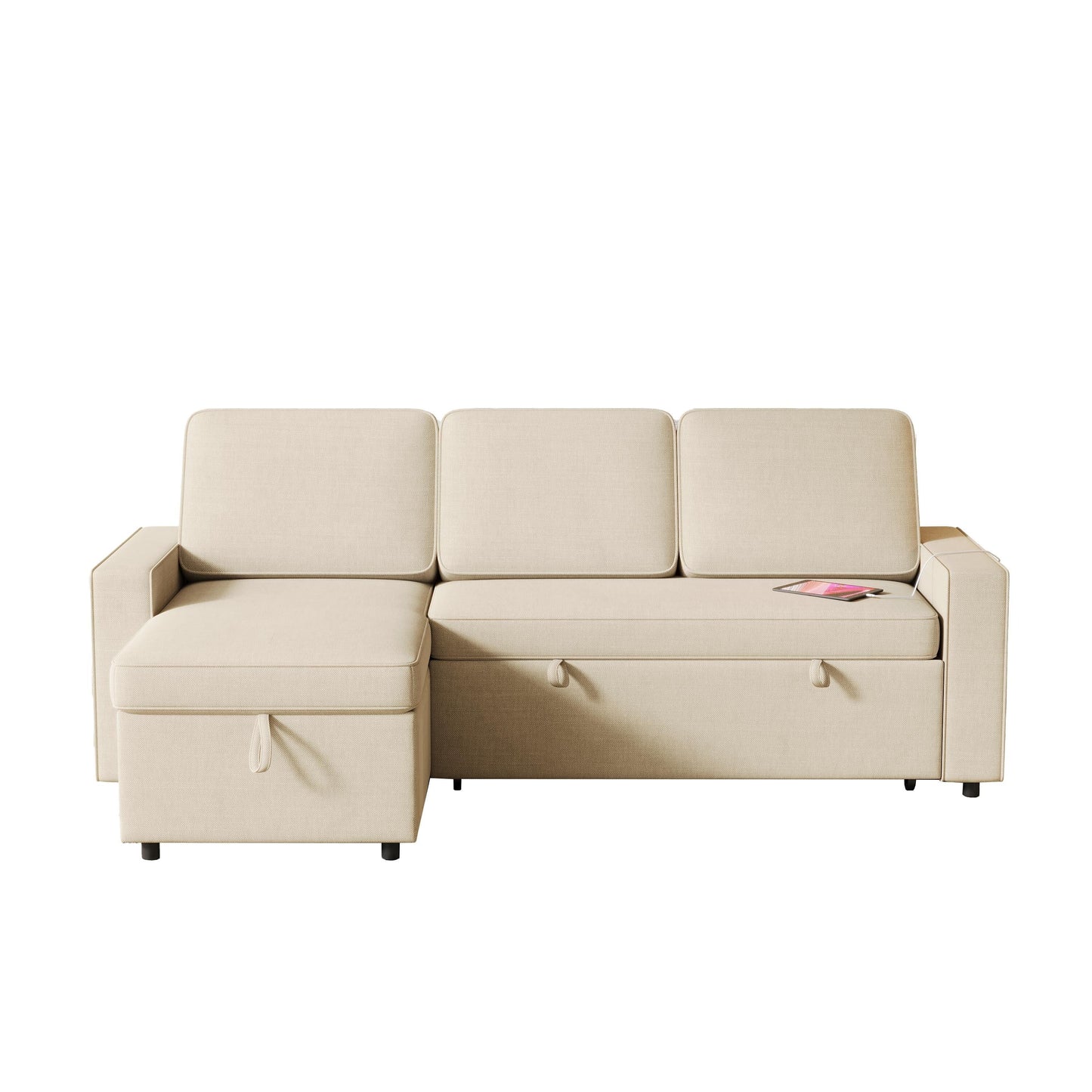Divano letto a L in tessuto beige da 85,8'' a 3 posti con letto estraibile, chaise longue contenitore, porte USB e ripiani