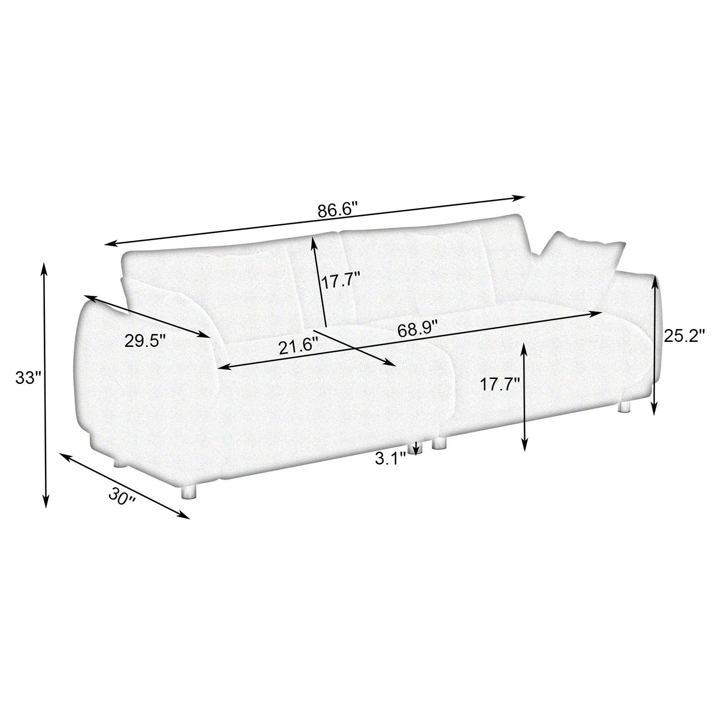 Divano a due posti in lana Teddy beige 86,6 con quattro cuscini decorativi e piedini in metallo per soggiorno