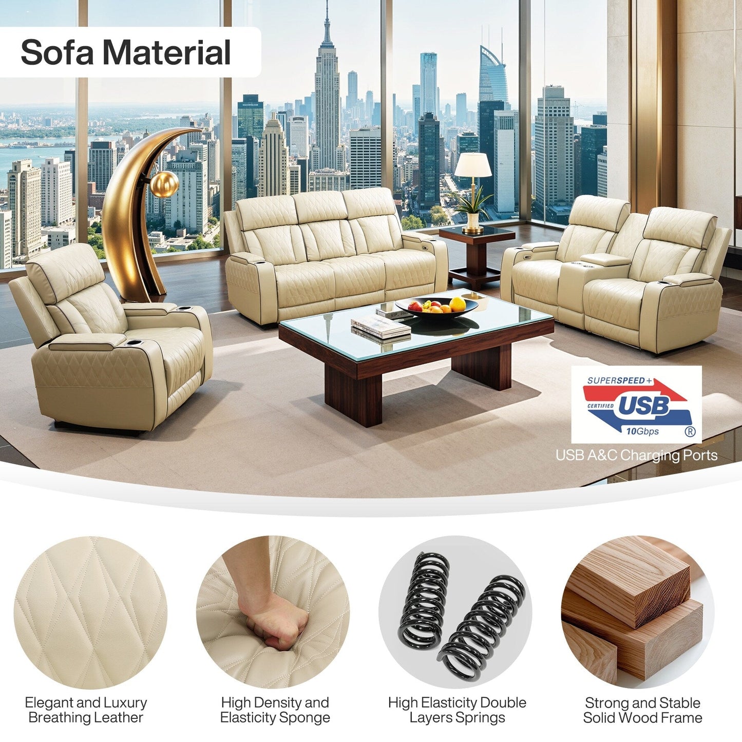 Set di divani reclinabili da soggiorno in pelle traspirante beige da 3 pezzi