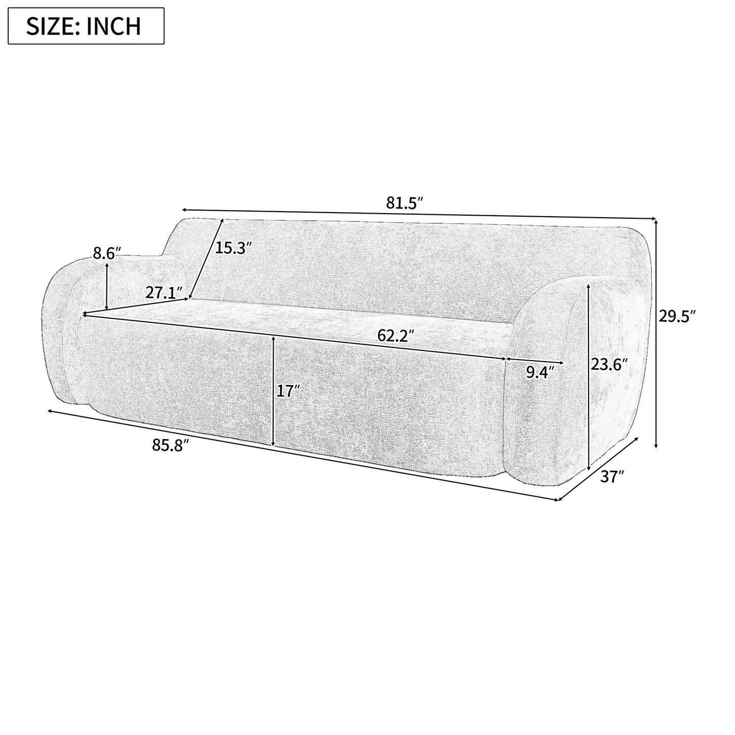 Divano minimalista beige a 3 posti con imbottitura in schiuma ad alta densità